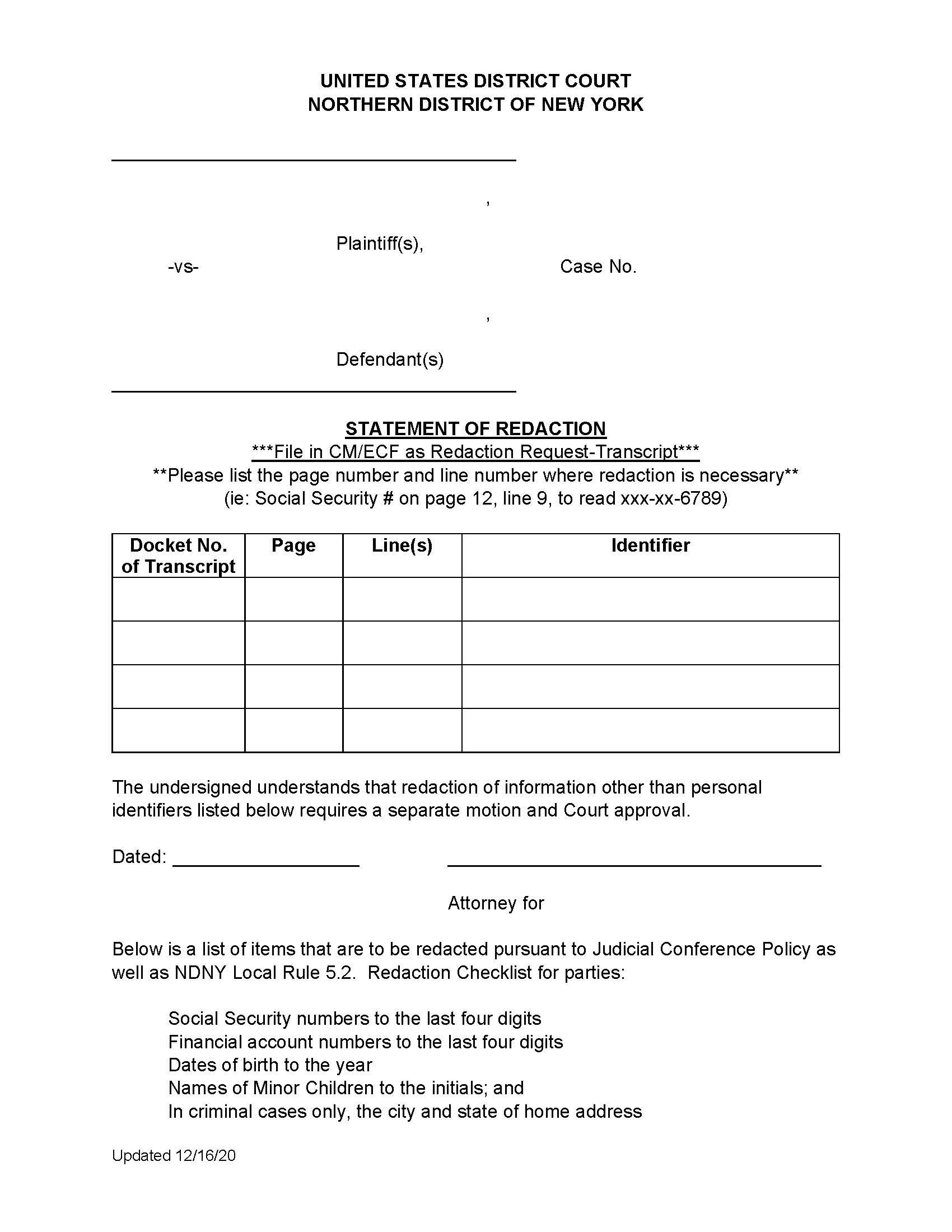 Statement Of Redaction {NDNY SoR} | Pdf Fpdf Doc Docx | New York