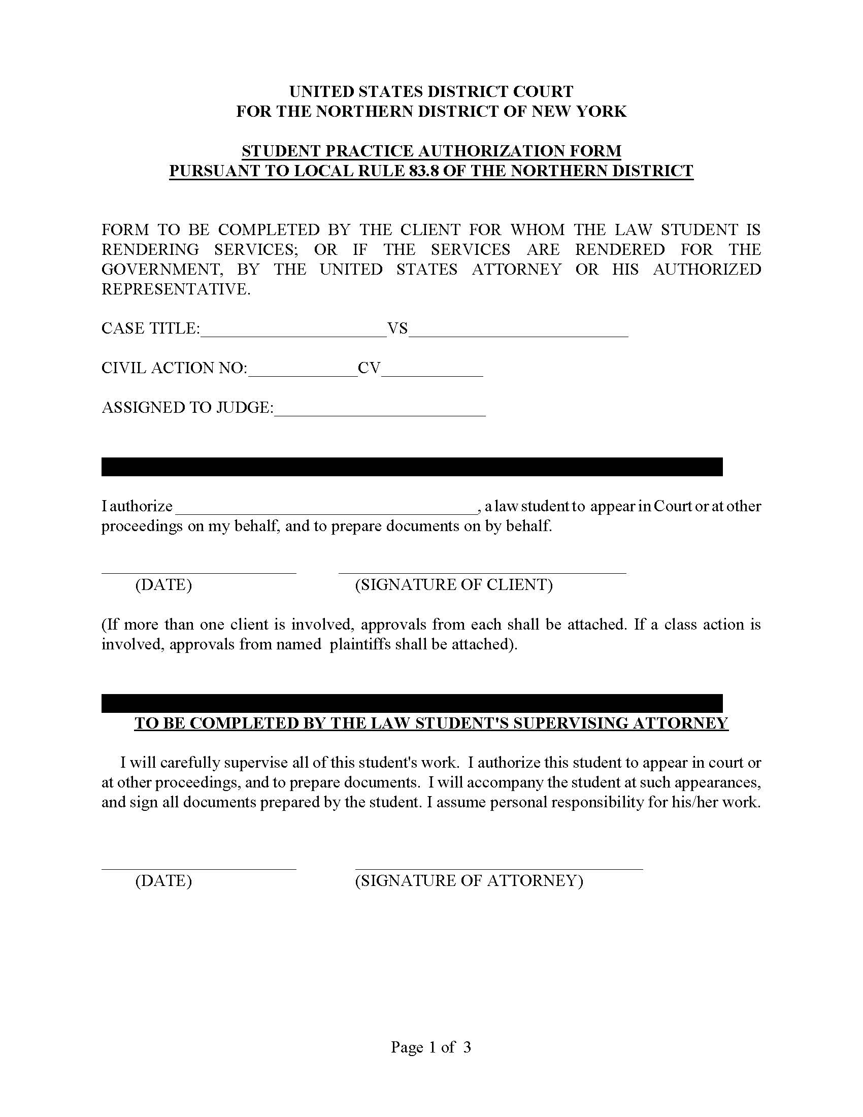 Student Practice Authorization And Application For Admission (Local Rule 83.8) | Pdf Fpdf Docx | New York