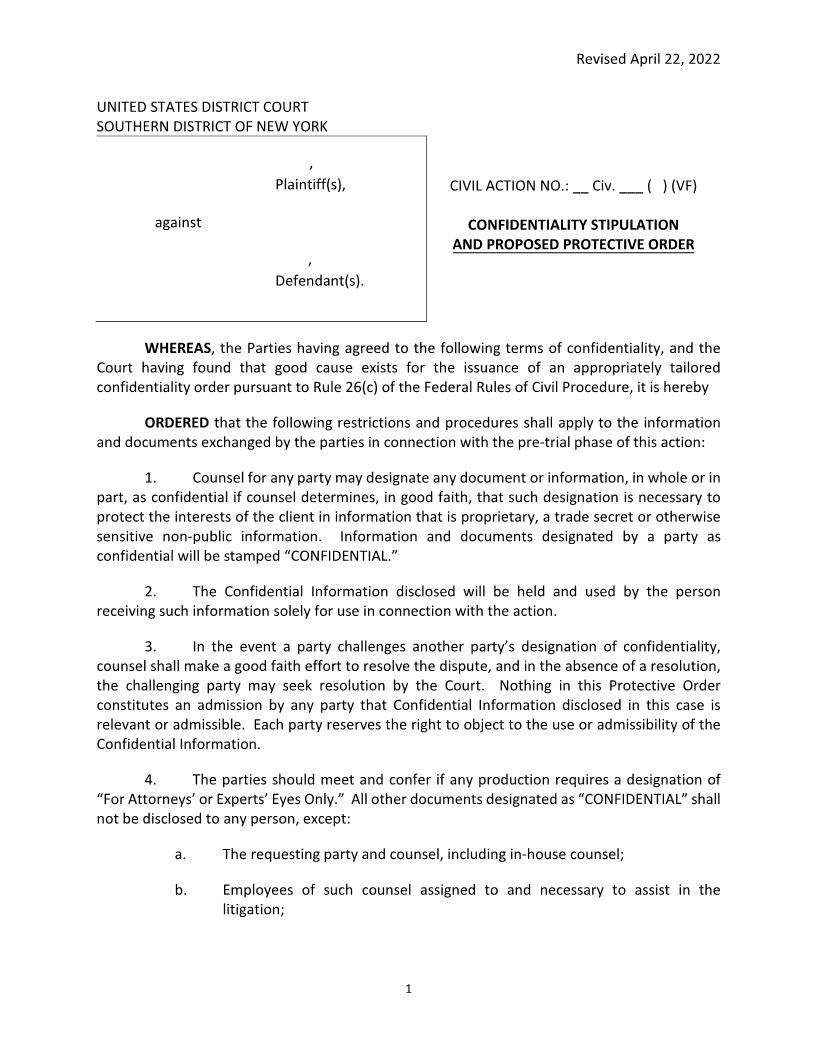 (Model) Confidentiality Stipulation And Proposed Protective Order (Mag. Judge Figueredo) {SDNY CSPPOVF} | Pdf Fpdf Docx | New York