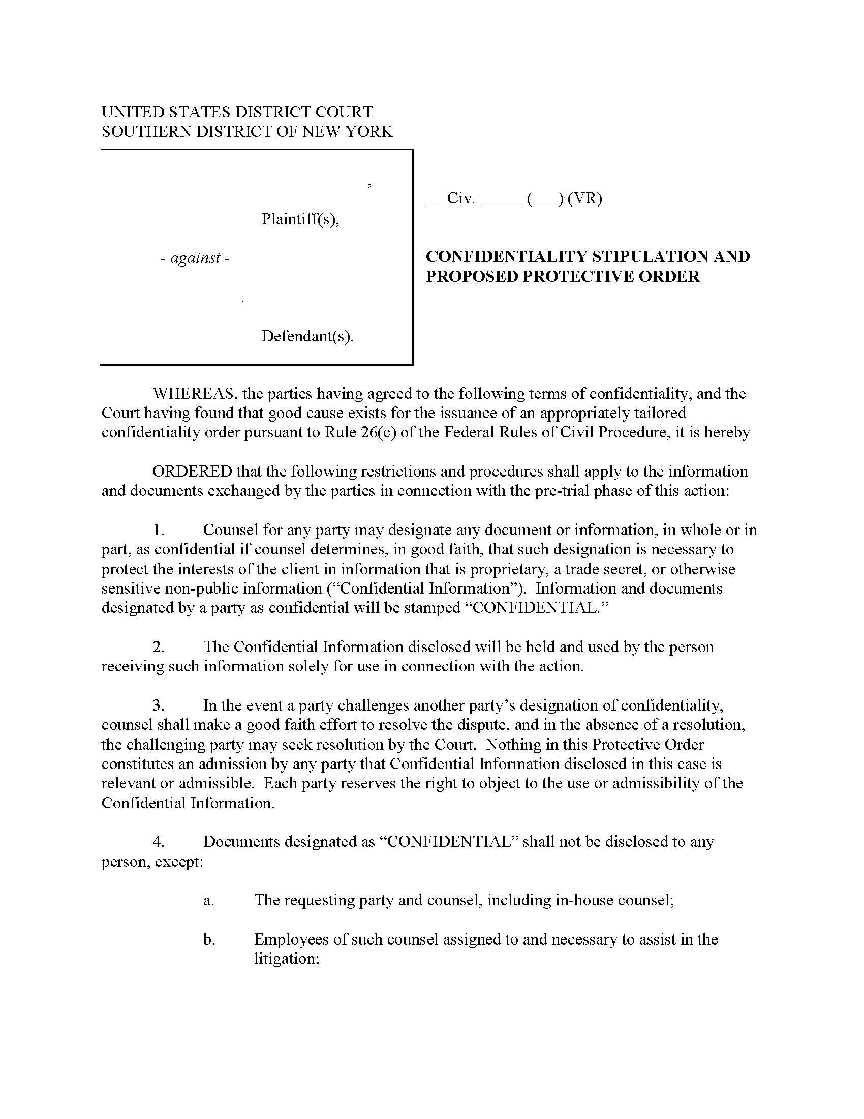 (Model) Confidentiality Stipulation And Proposed Protective Order (Mag. Judge Reznik) | Pdf Fpdf Docx | New York