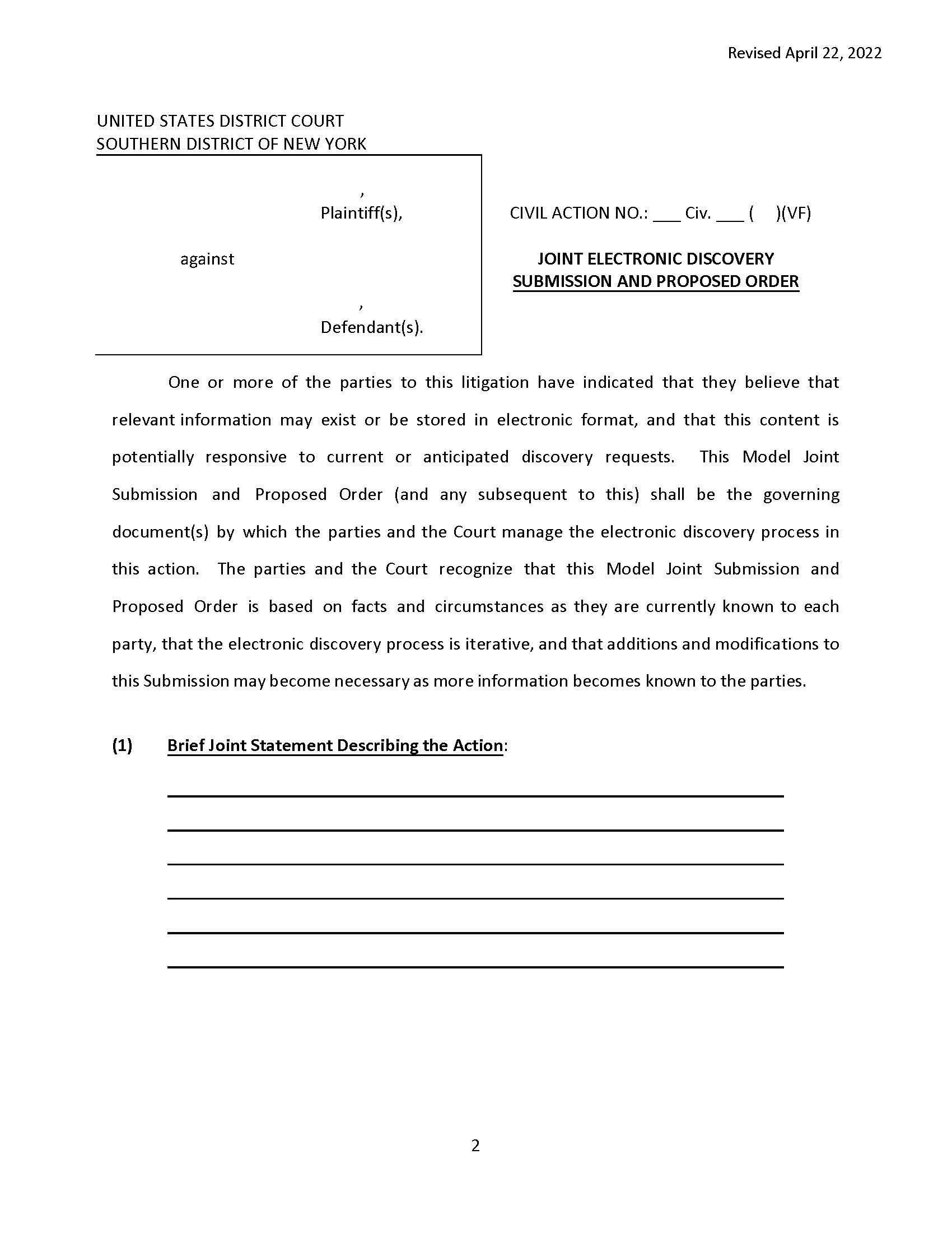 (Model) Joint Electronic Discovery Submission Proposed Order (Mag. Judge Figueredo) {SDNY MJEDSPOVF} | Pdf Fpdf Docx | New York