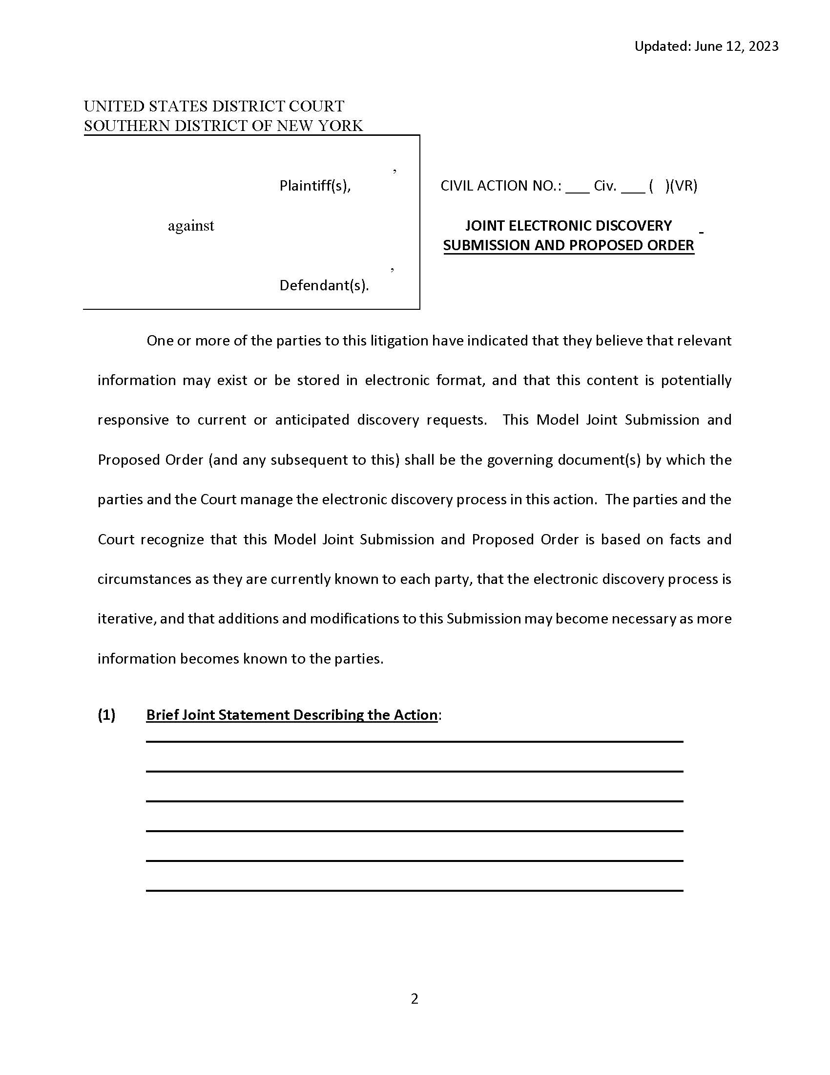 (Model) Joint Electronic Discovery Submission Proposed Order (Mag. Judge Reznik) | Pdf Fpdf Docx | New York