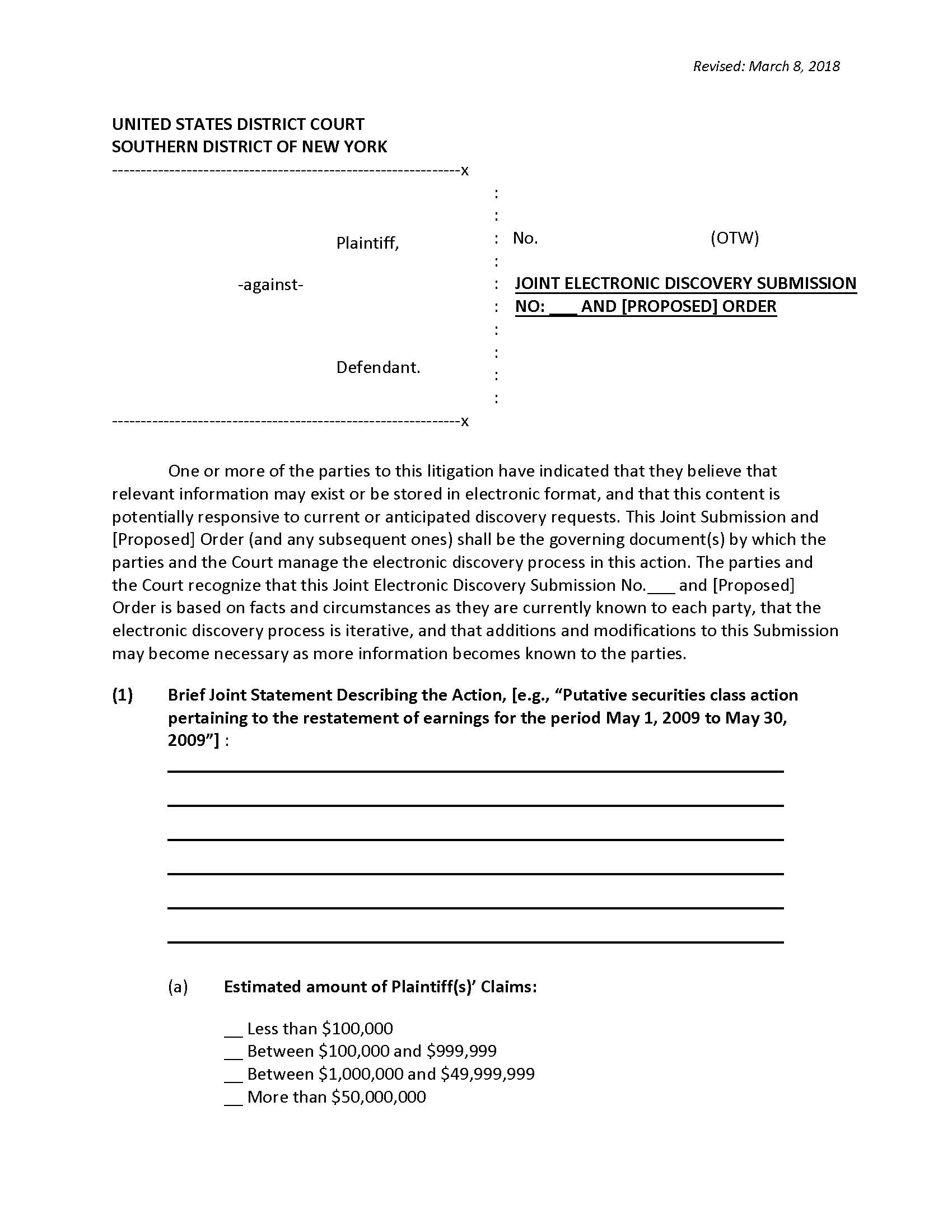 (Model) Joint Electronic Discovery Submission Proposed Order (Mag. Judge Wang) {SDNY MJEDSPOOTW} | Pdf Fpdf Docx | New York