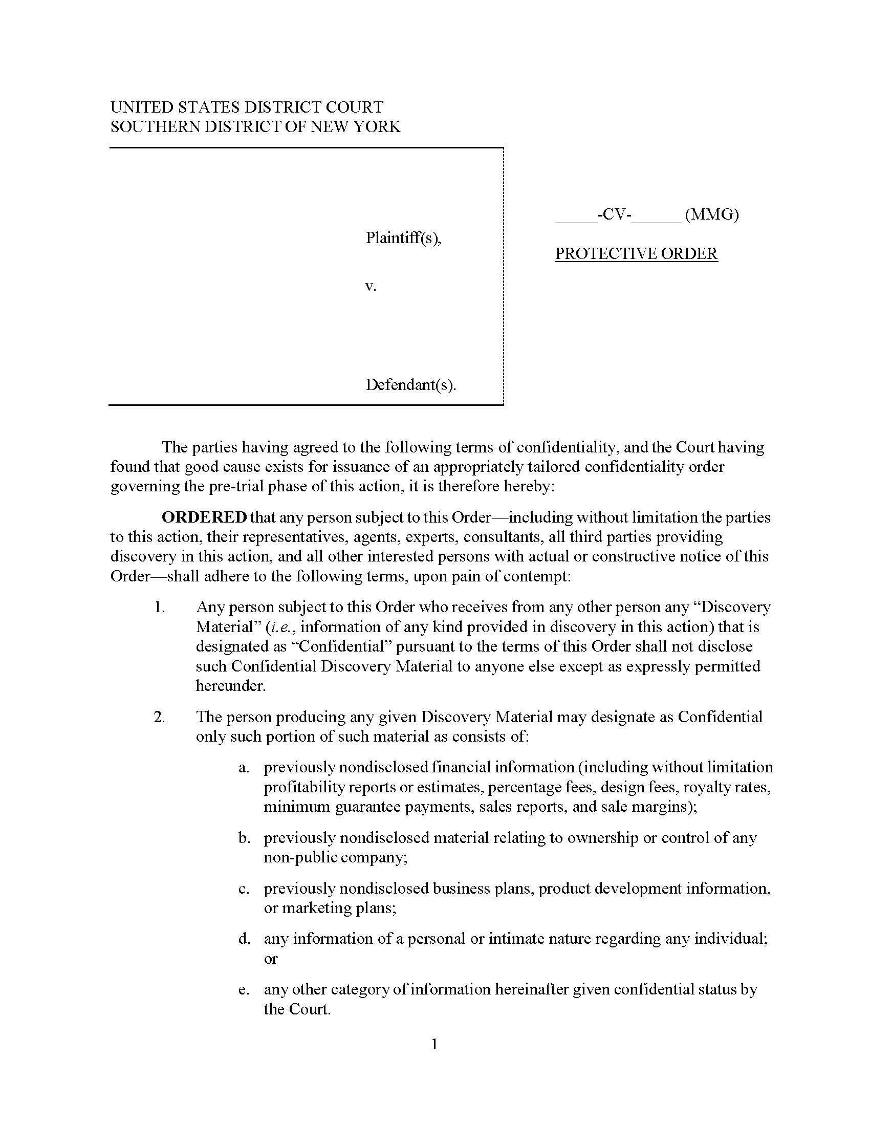 (Model) Protective Order And Non-Disclosure Agreement (Judge Garnett) | Pdf Fpdf Docx | New York