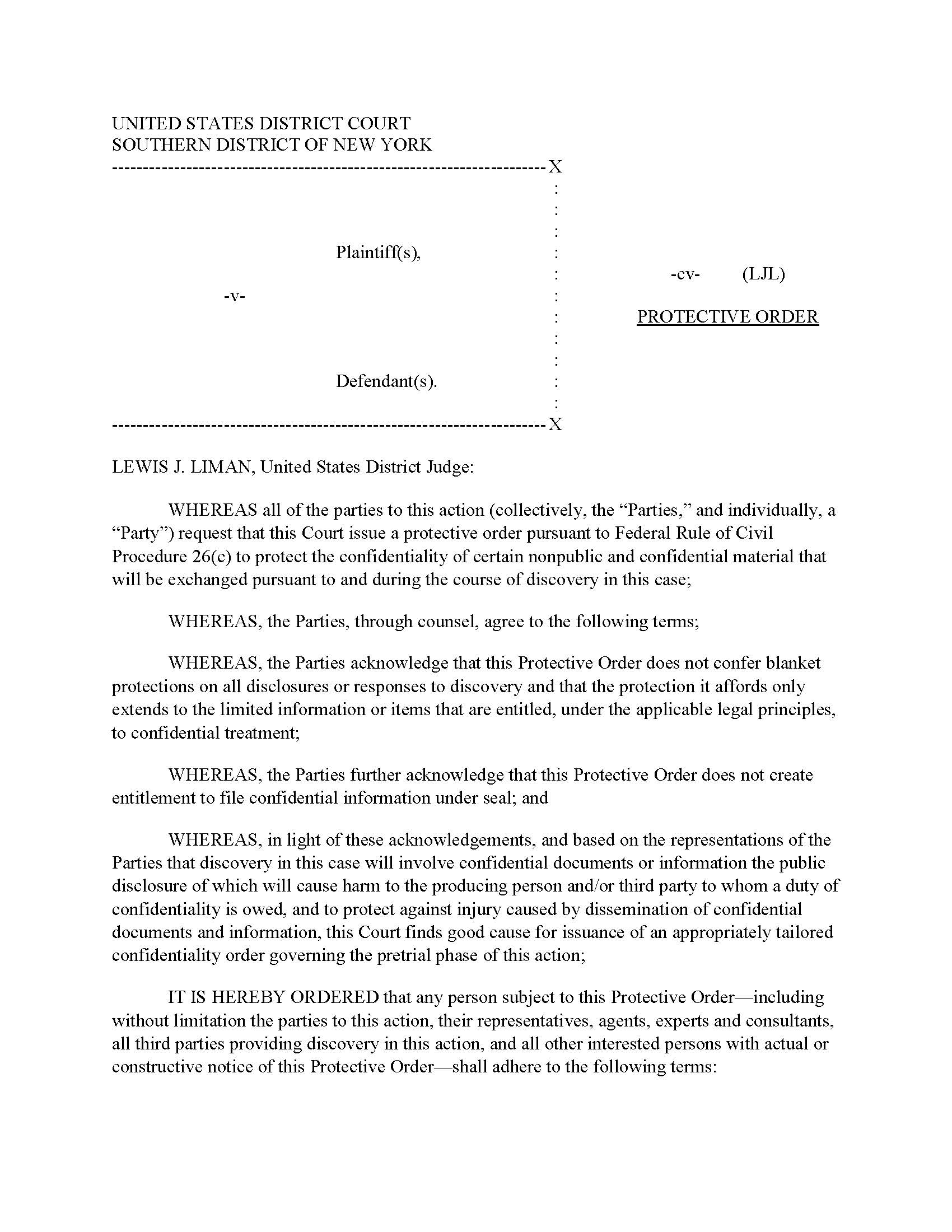 (Model) Protective Order And Non-Disclosure Agreement (Judge Liman) {SDNY PONDALJL} | Pdf Fpdf Docx | New York
