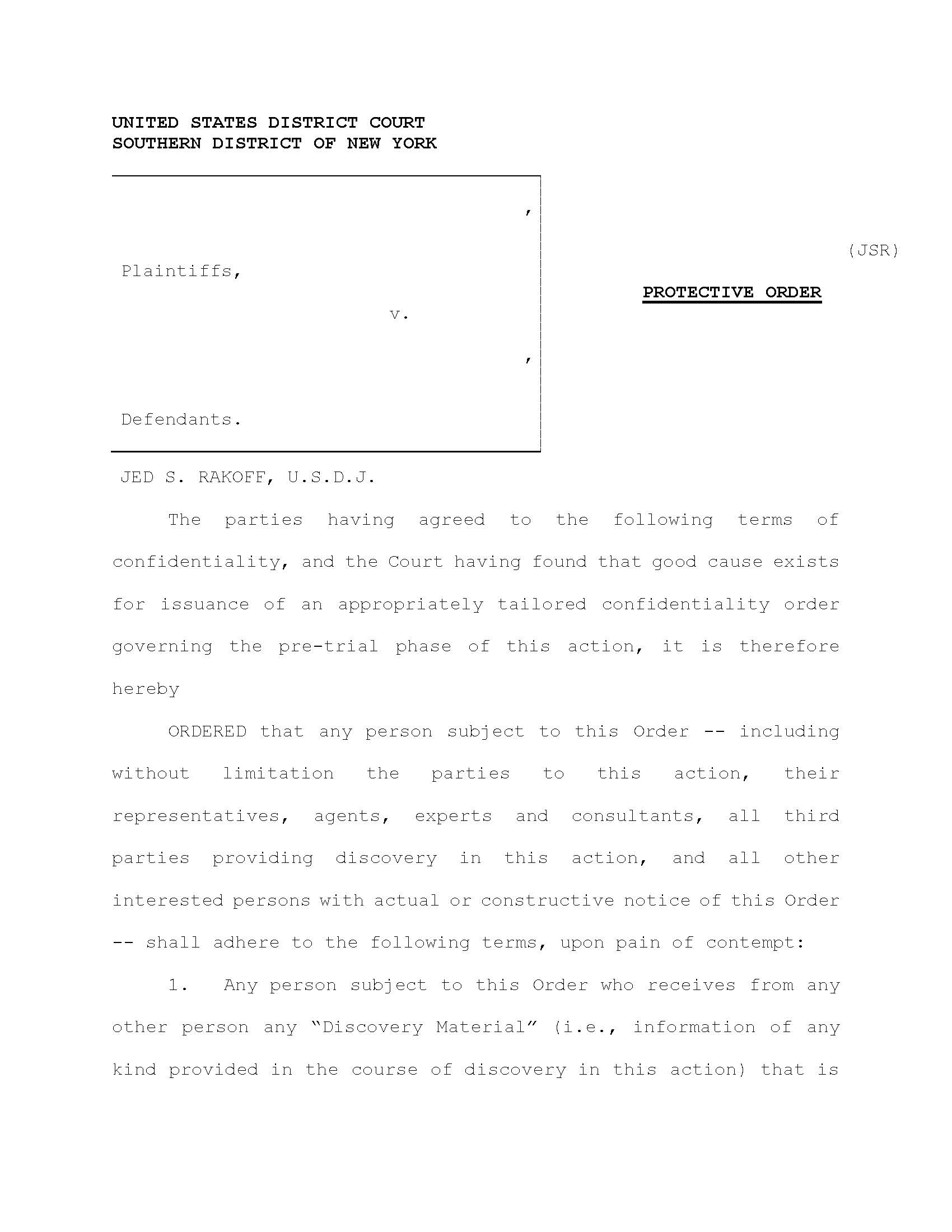 (Model) Protective Order And Non-Disclosure Agreement (Judge Rakoff) | Pdf Fpdf Doc Docx | New York
