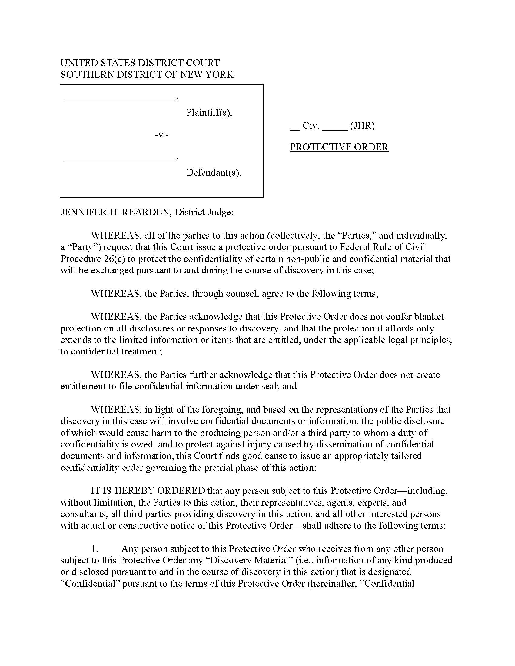 (Model) Protective Order And Non-Disclosure Agreement (Judge Rearden) | Pdf Fpdf Docx | New York