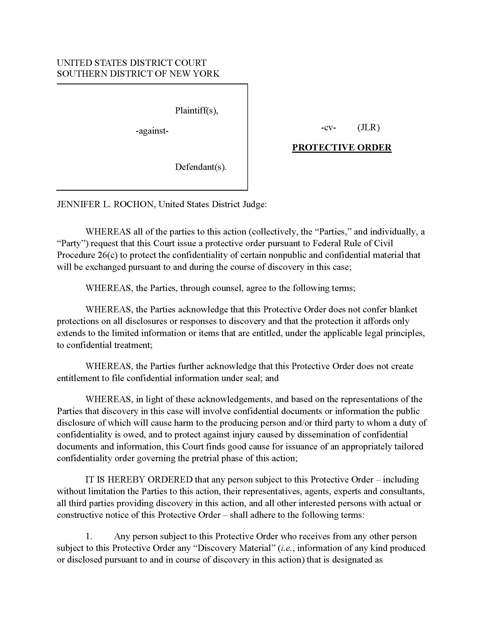 (Model) Protective Order And Non-Disclosure Agreement (Judge Rochon) | Pdf Fpdf Docx | New York