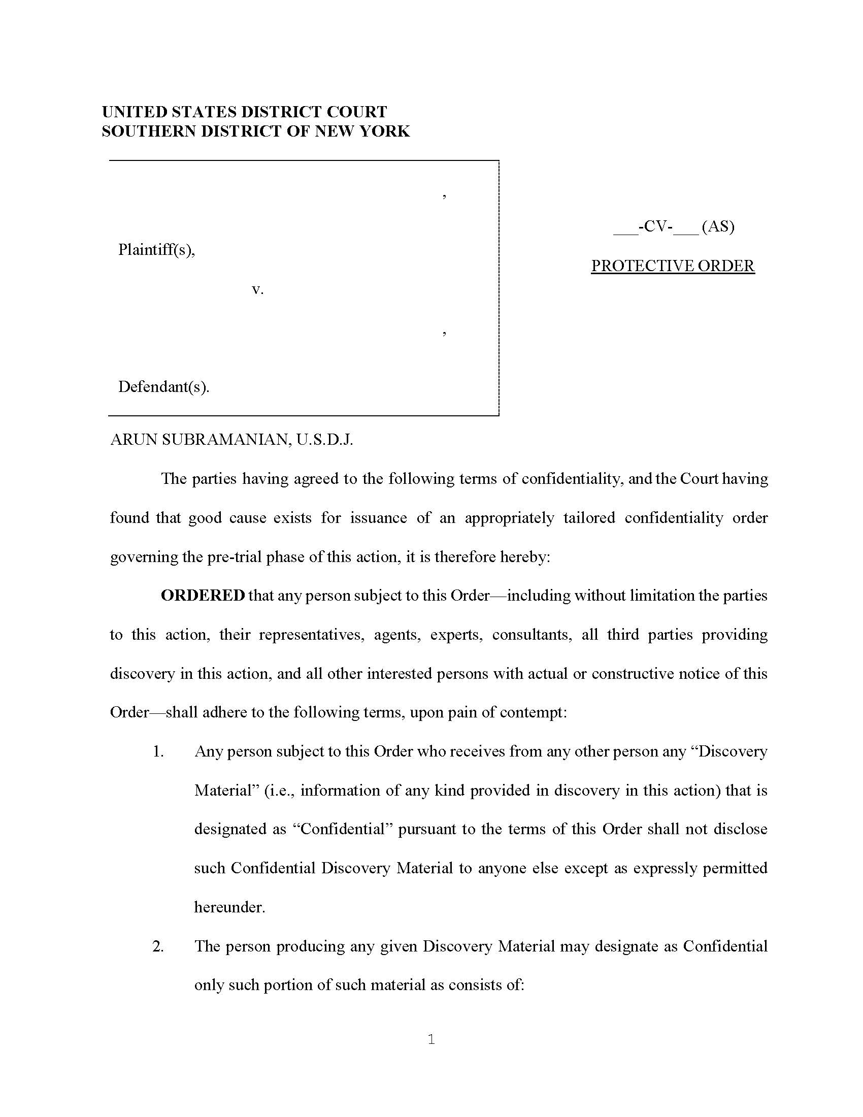 (Model) Protective Order And Non-Disclosure Agreement (Judge Subramanian) | Pdf Fpdf Docx | New York