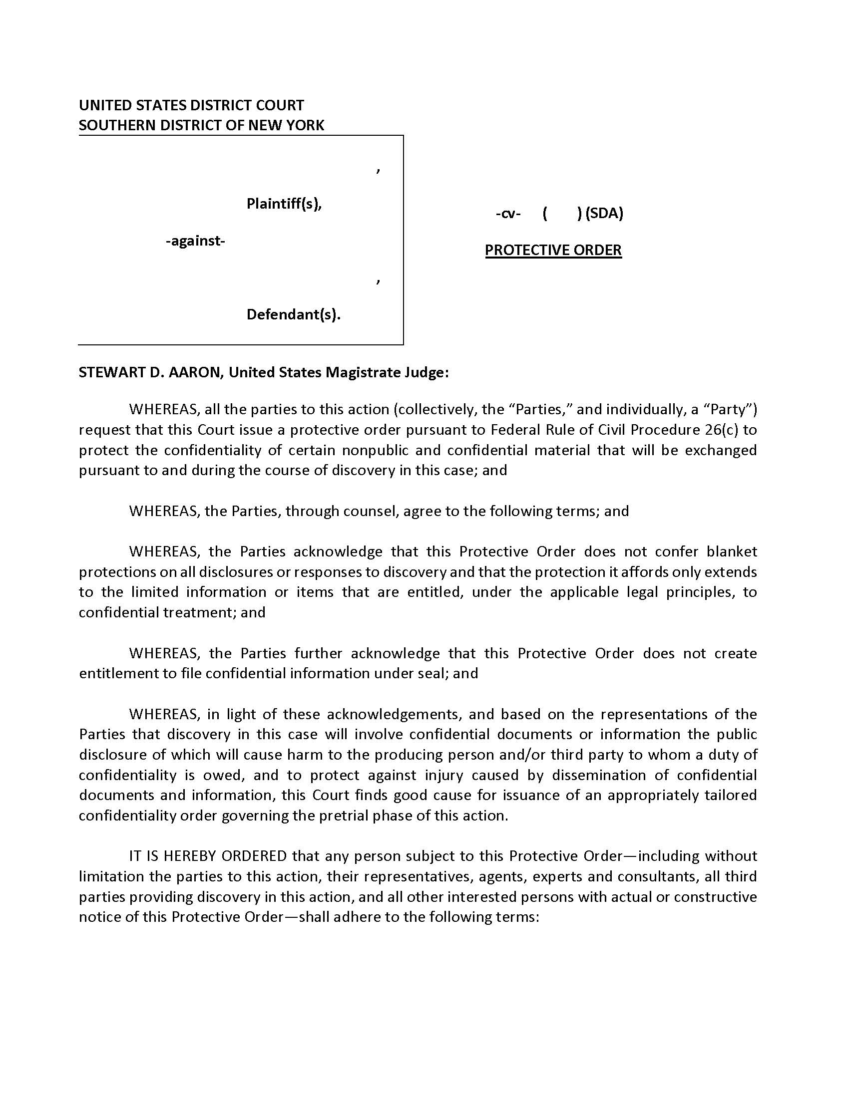 (Model) Protective Order And Non-Disclosure Agreement (Mag. Judge Aaron) | Pdf Fpdf Docx | New York