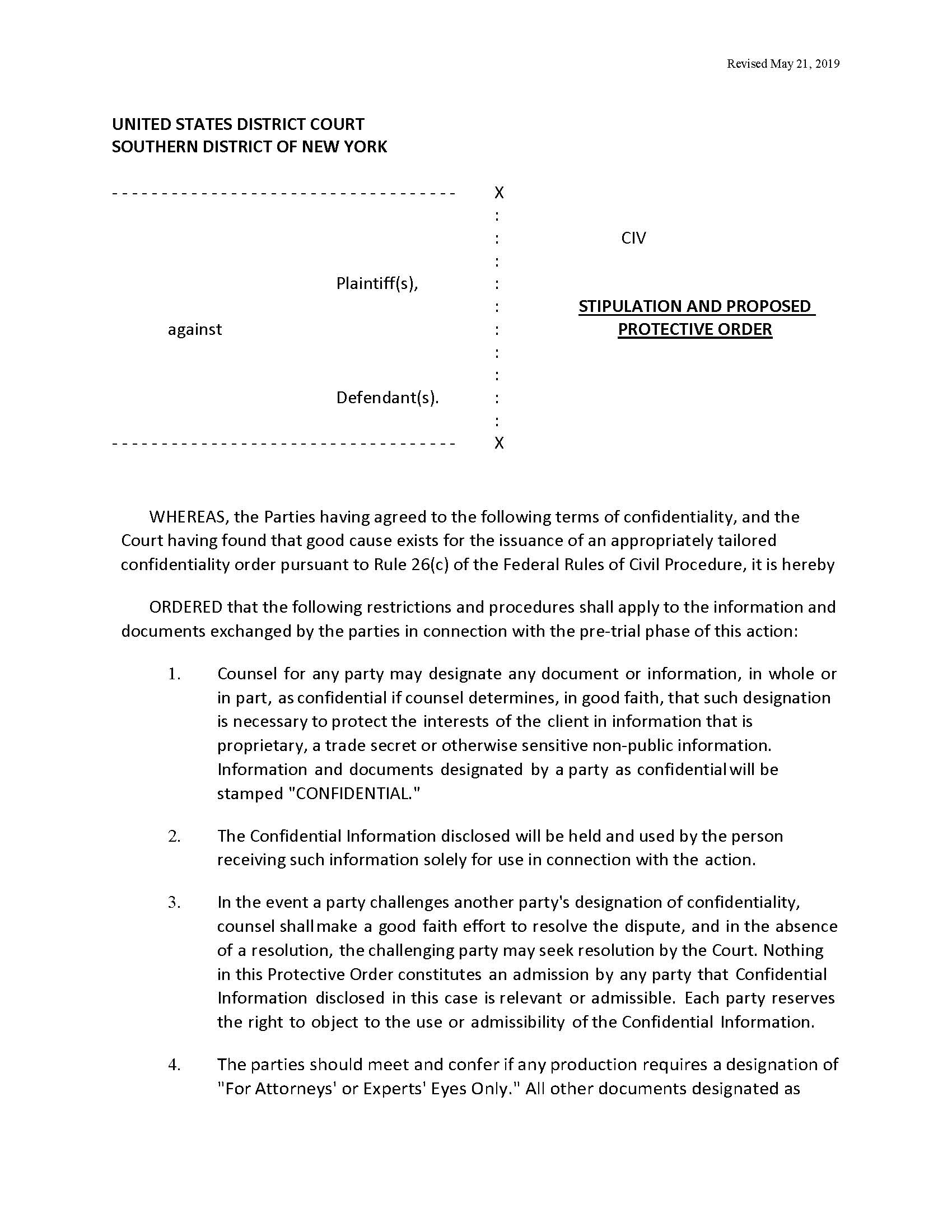 (Model) Stipulation And Proposed Protective Order (Judge Parker) {SDNY MSPPOKHP} | Pdf Fpdf Doc Docx | New York