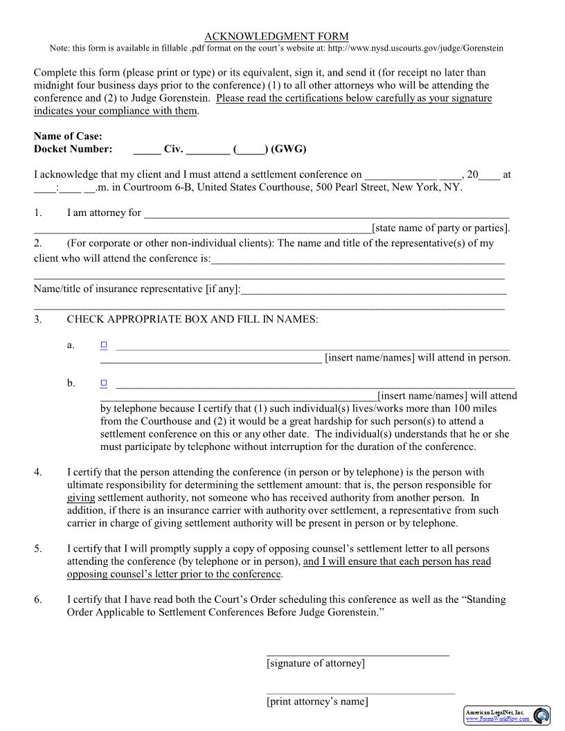 Acknowledgment Form (Settlement Conference-Judge Gorenstein) | Pdf Fpdf Docx | New York