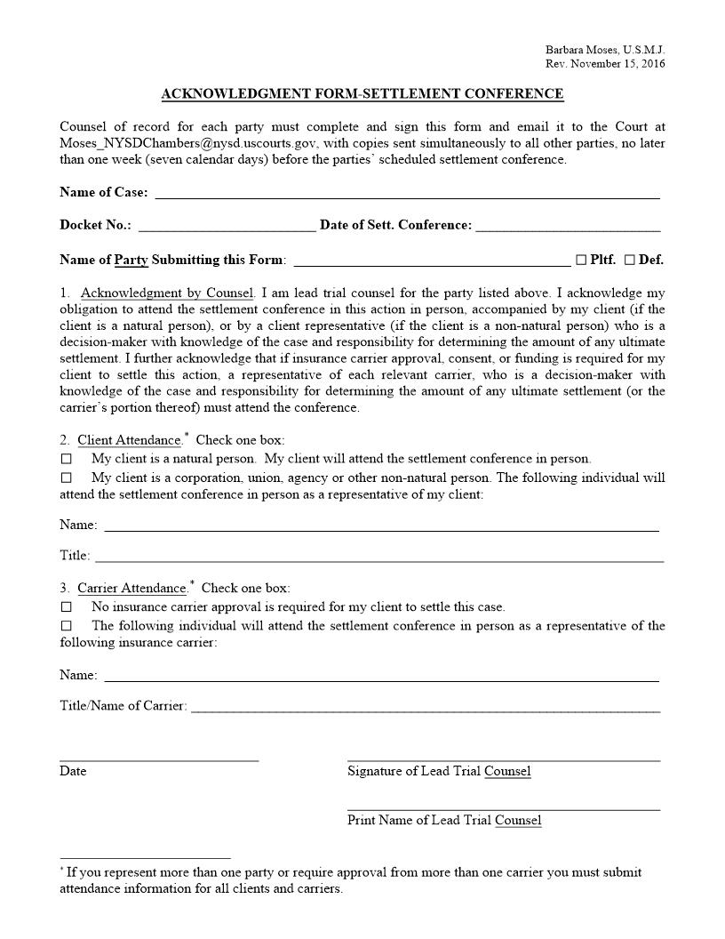 Acknowledgment Form Settlement Conference (Mag. Judge Moses) {SDNY AFSCBM} | Pdf Fpdf Docx | New York
