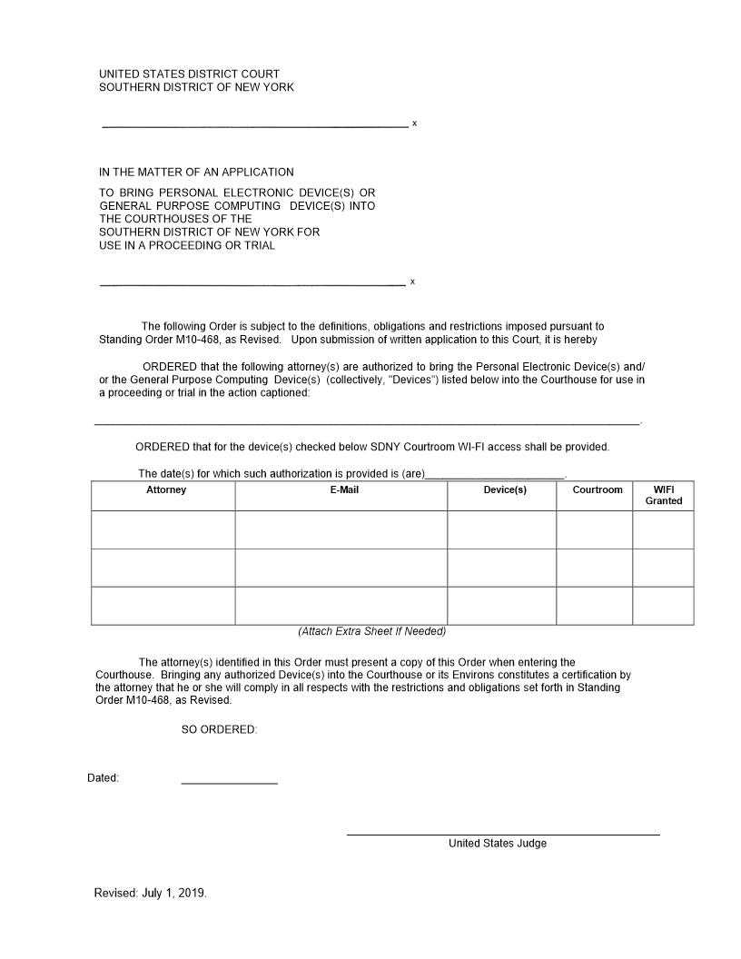 Application To Bring Electronic Devices To Court For Use In Trial {SDNY AED} | Pdf Fpdf Docx | New York