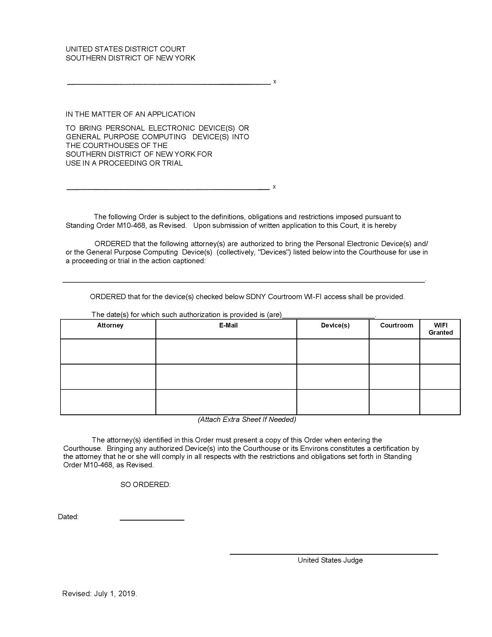 Application To Bring Electronic Or Computing Device(s) Into The Courthouses (Maj. Judge Figueredo) | Pdf Fpdf Docx | New York