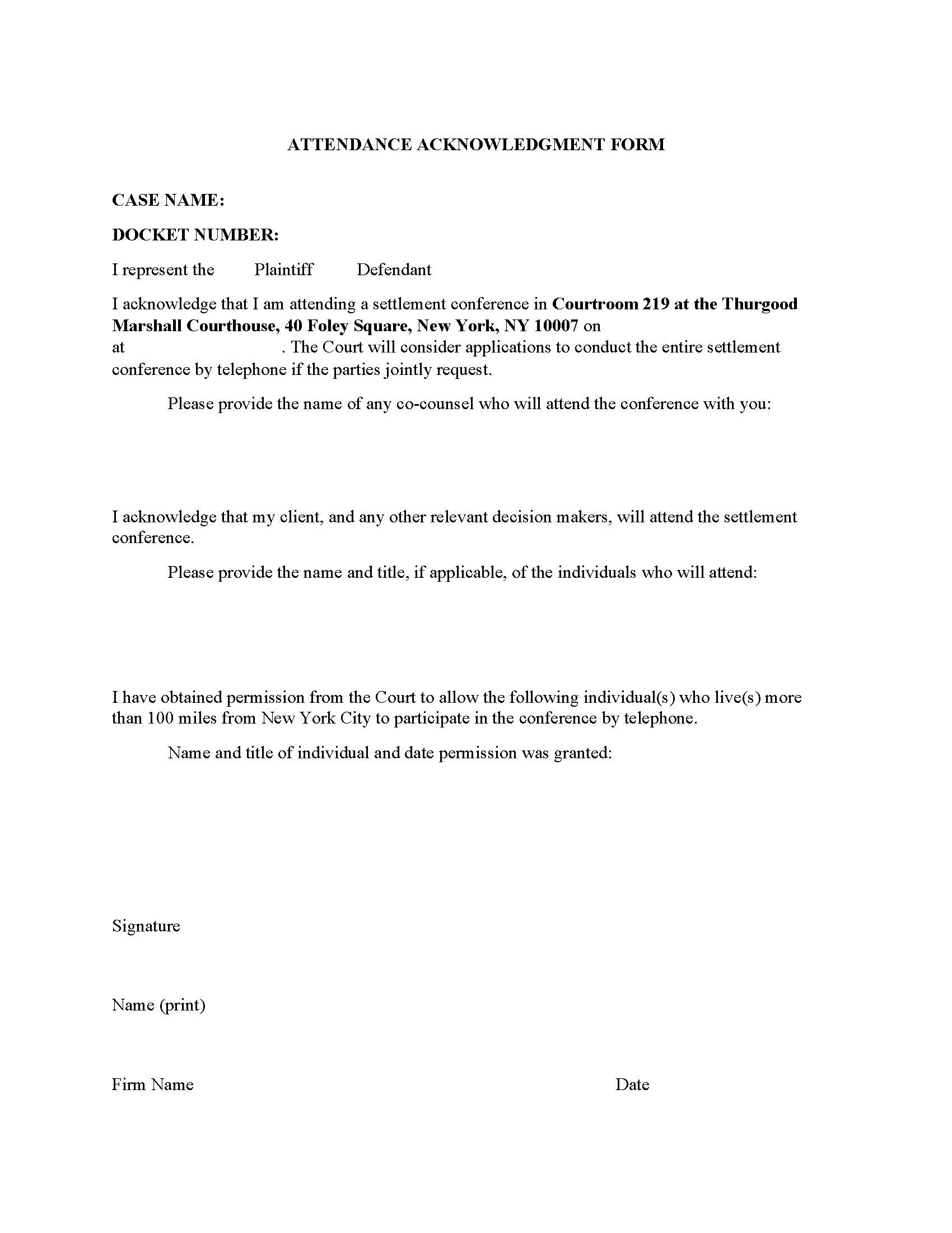 Attendance Acknowledgment Form (Mag. Judge Netburn) | Pdf Fpdf Docx | New York