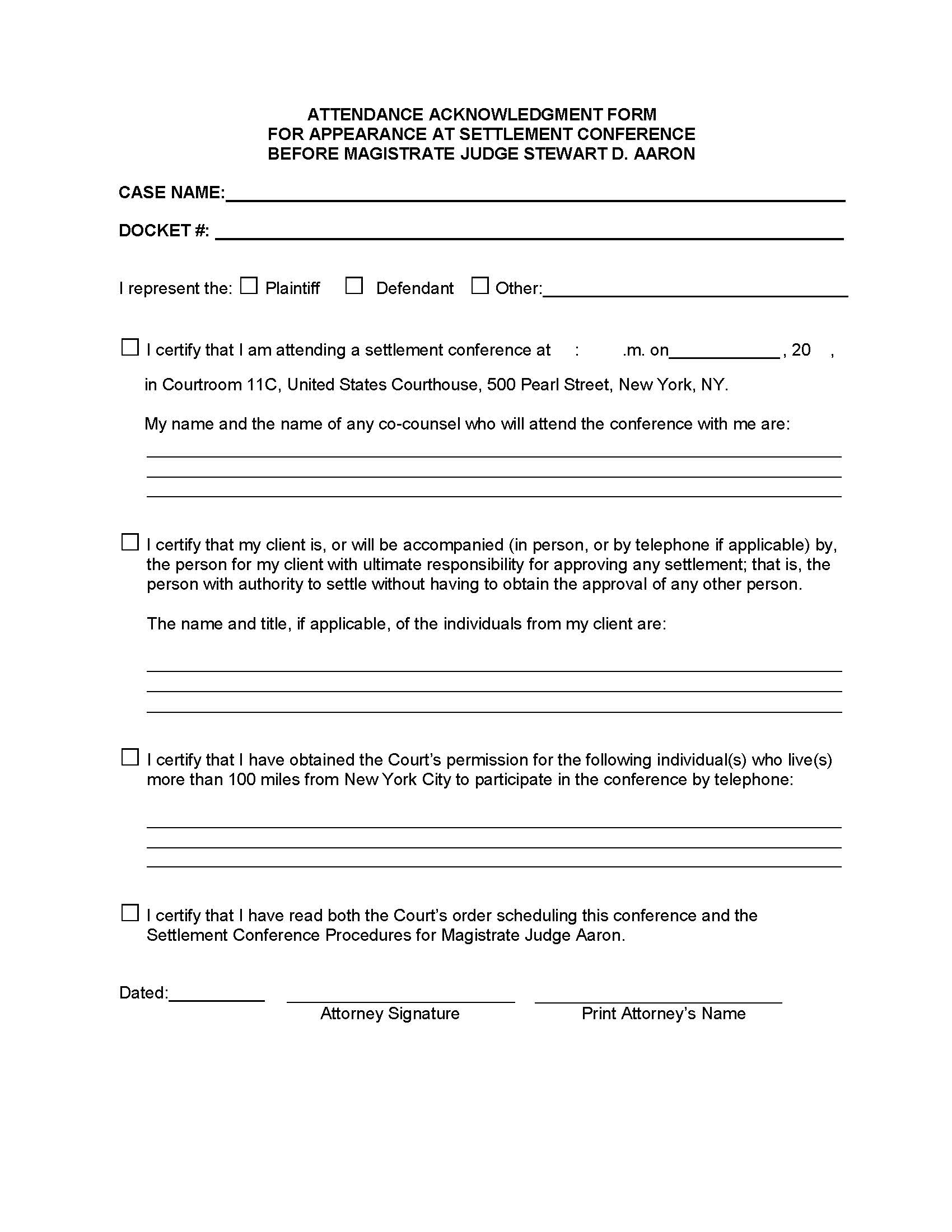Attendance Acknowledgment Form For Appearance Settlement Conference (Mag. Judge Aaron) {SDNY AAASC-A} | Pdf Fpdf Docx | New York