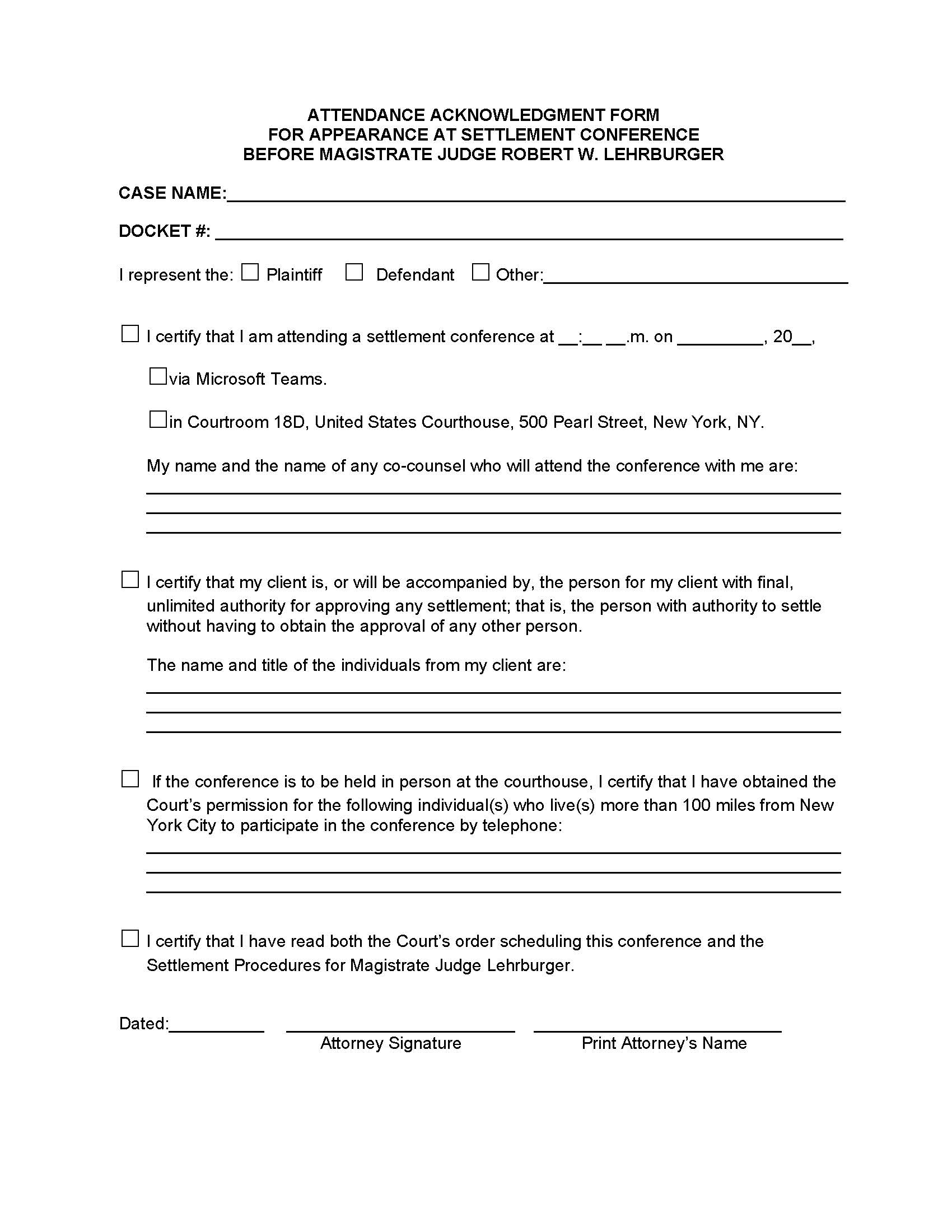 Attendance Acknowledgment Form For Appearance Settlement Conference (Mag. Judge Lehrburger) | Pdf Fpdf Docx | New York