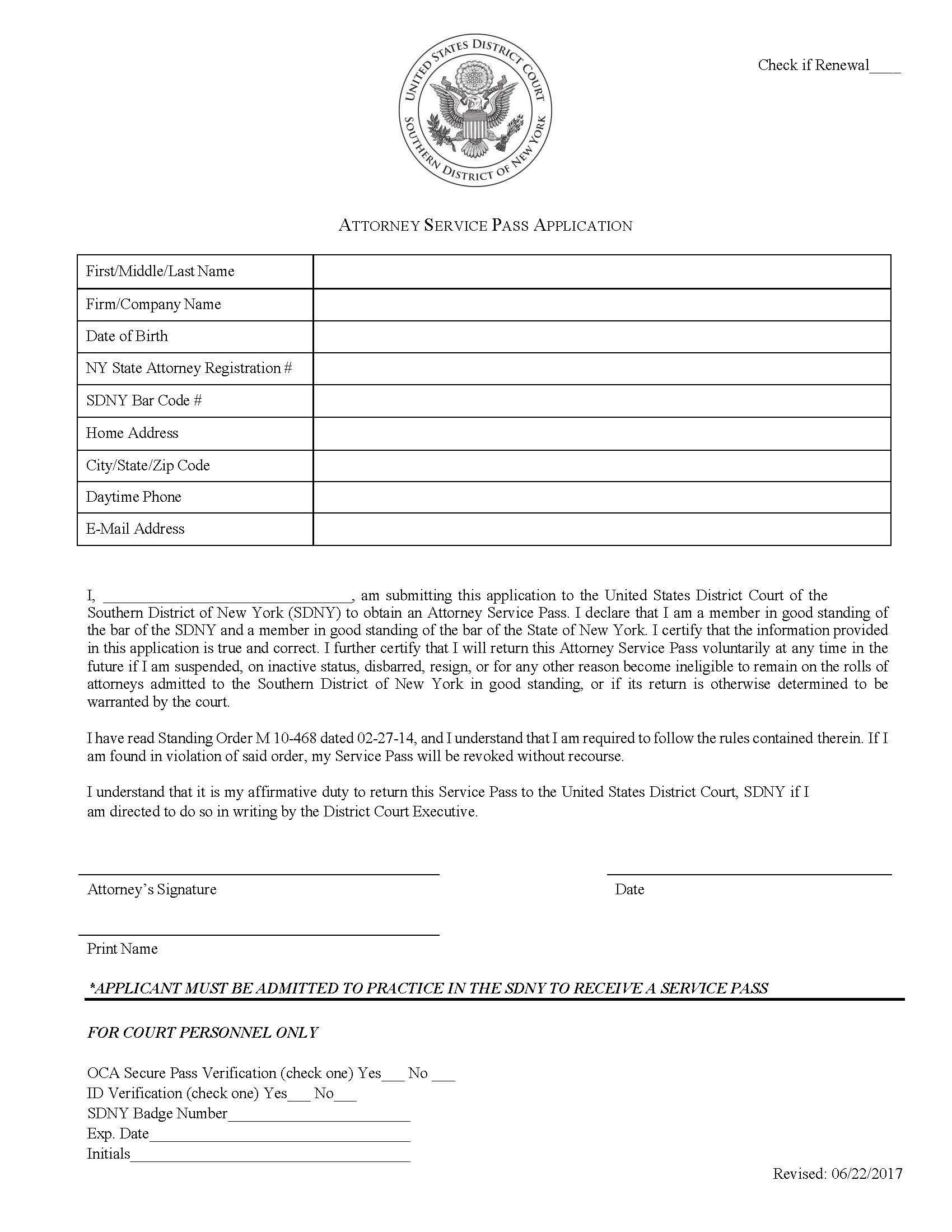 Attorney Service Pass Application | Pdf Fpdf Docx | New York