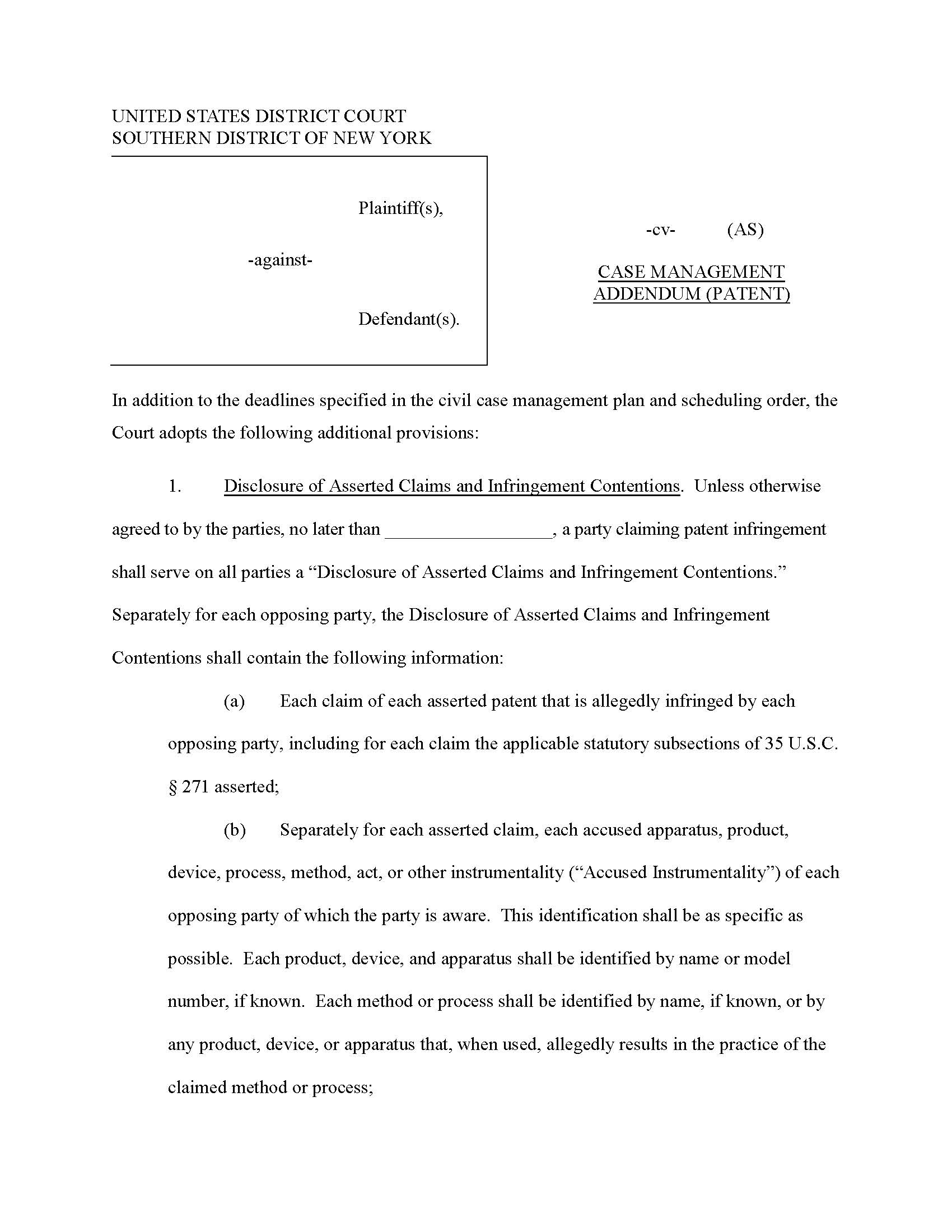 Case Management Addendum (Patent) (Judge Subramanian) | Pdf Fpdf Docx | New York