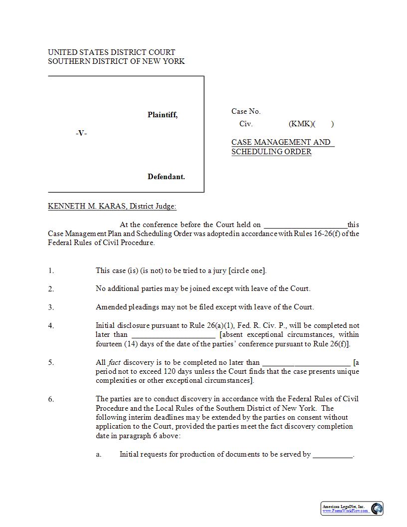 Case Management And Scheduling Order (Judge Karas) | Pdf Fpdf Docx | New York