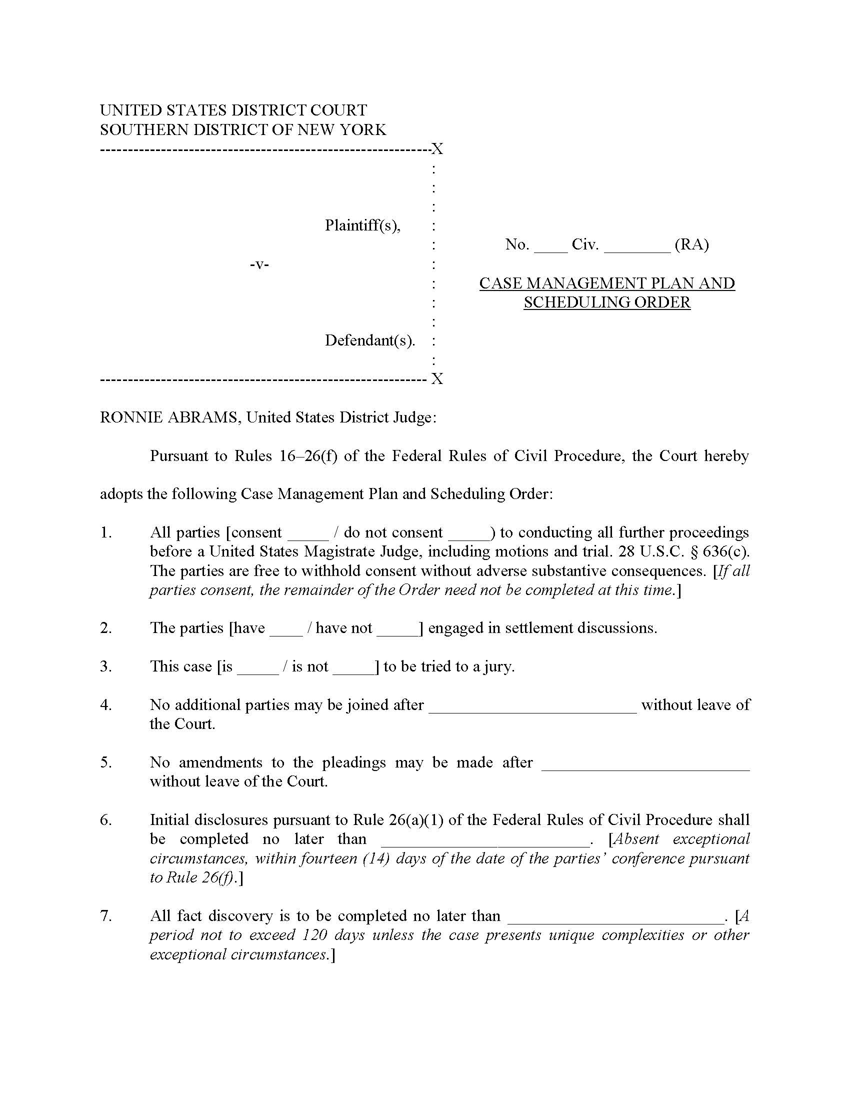 Case Management Plan And Scheduling Order (Judge Abrams) | Pdf Fpdf Doc Docx | New York