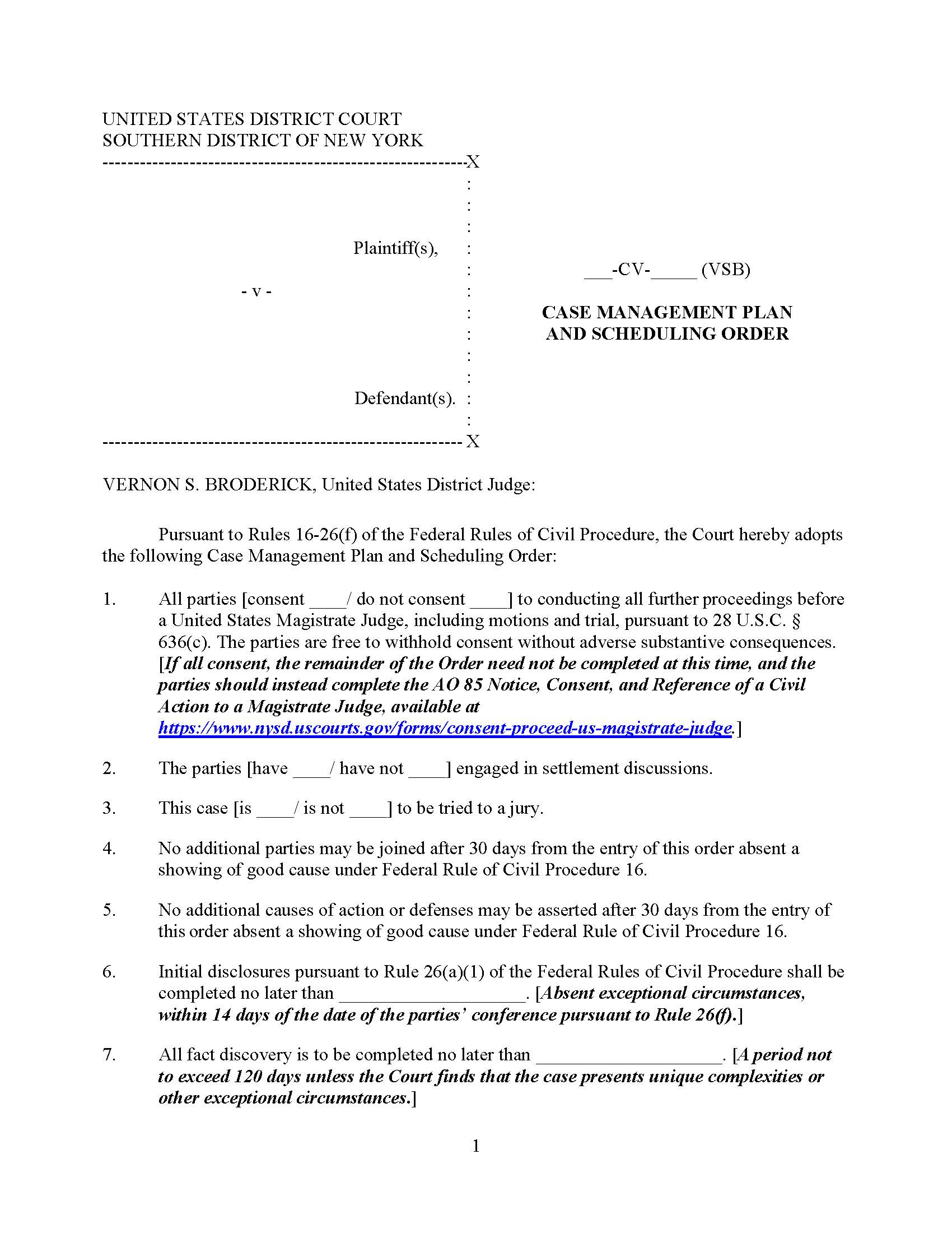 Case Management Plan And Scheduling Order (Judge Broderick) | Pdf Fpdf Doc Docx | New York