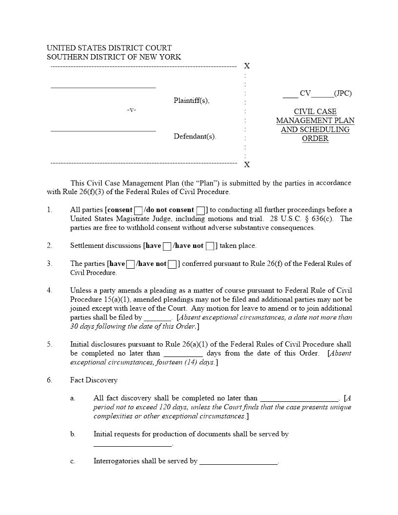 Case Management Plan And Scheduling Order (Judge Cronan) | Pdf Fpdf Docx | New York