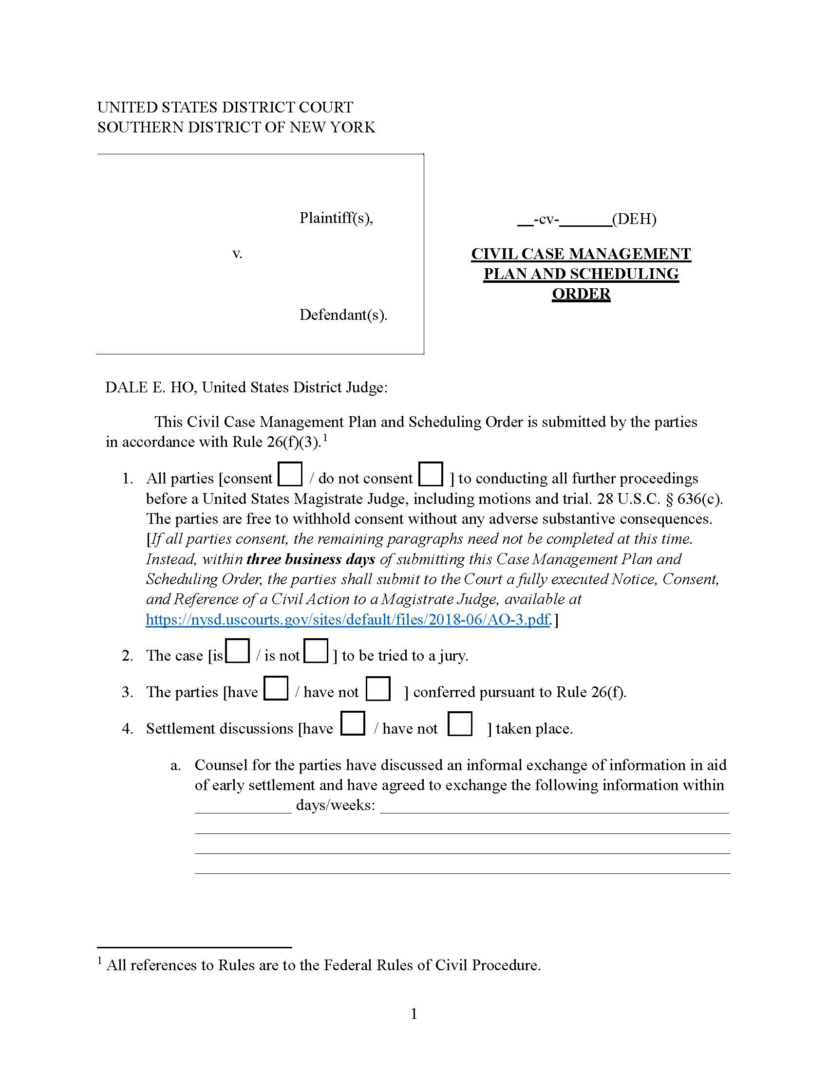 Case Management Plan And Scheduling Order (Judge Ho) | Pdf Fpdf Docx | New York