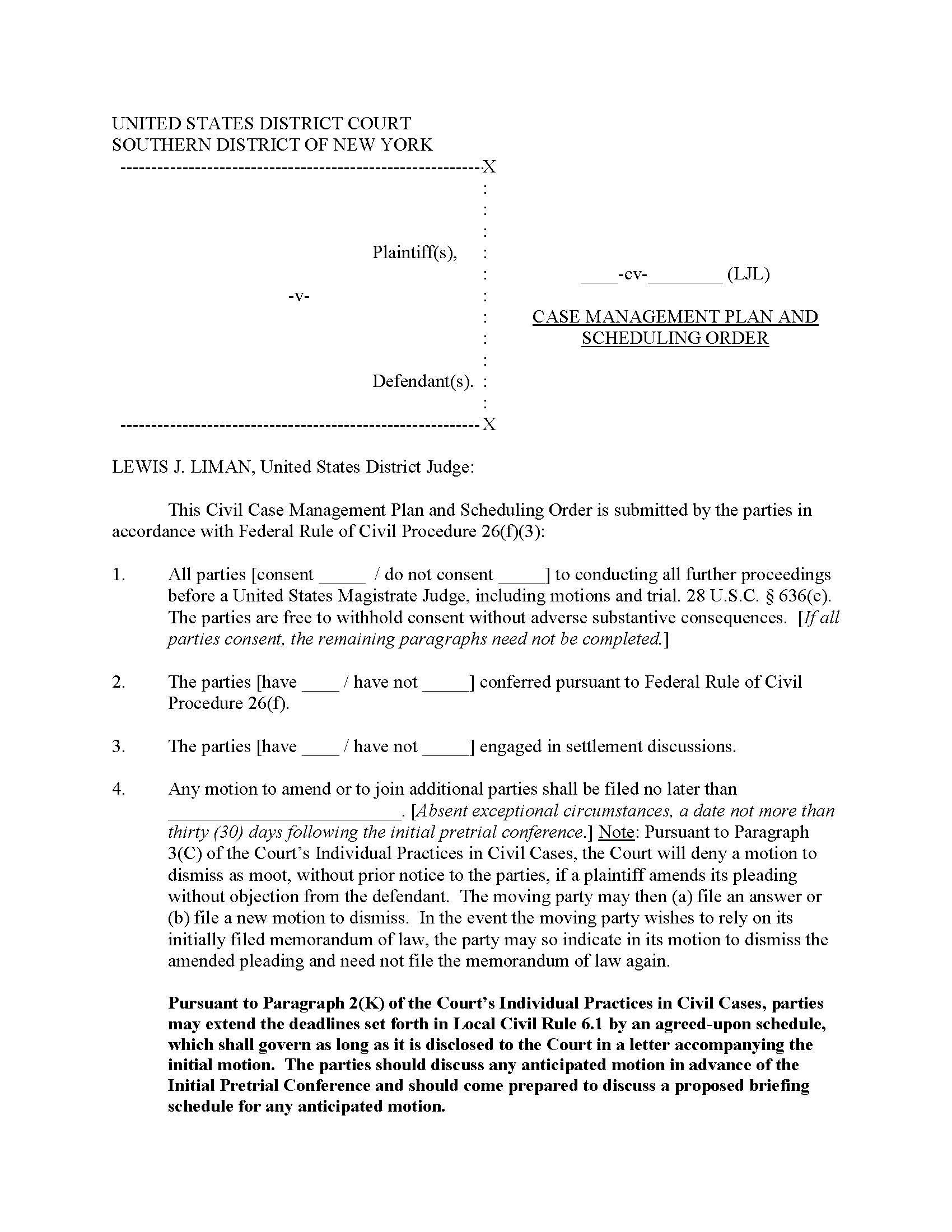 Case Management Plan And Scheduling Order (Judge Liman) {SDNY CMPSOLJL} | Pdf Fpdf Docx | New York