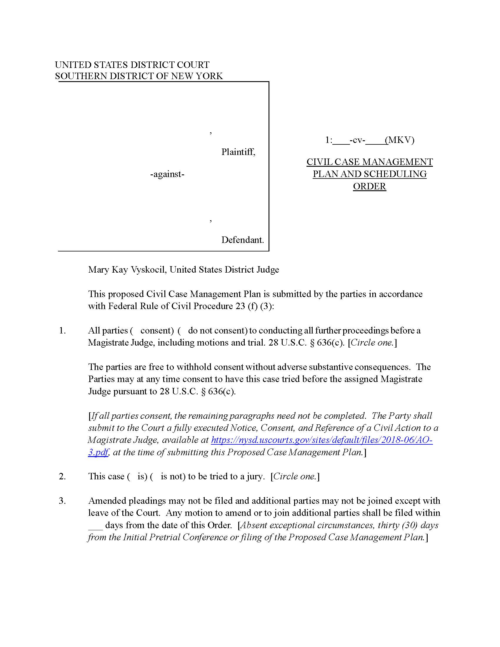Case Management Plan And Scheduling Order (Judge Vyskocil) {SDNY CMPSOMKV} | Pdf Fpdf Docx | New York