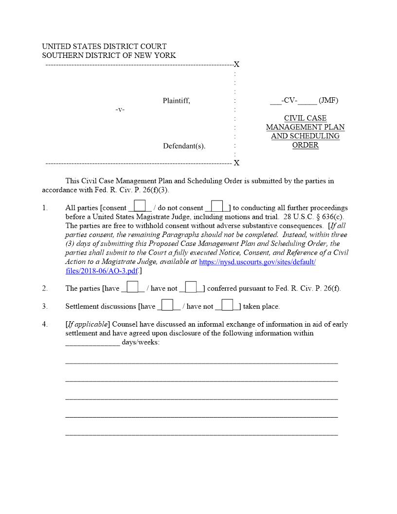 Civil Case Discovery Plan And Scheduling Order (Judge Furman) {SDNY CCDPSOJMF} | Pdf Fpdf Docx | New York