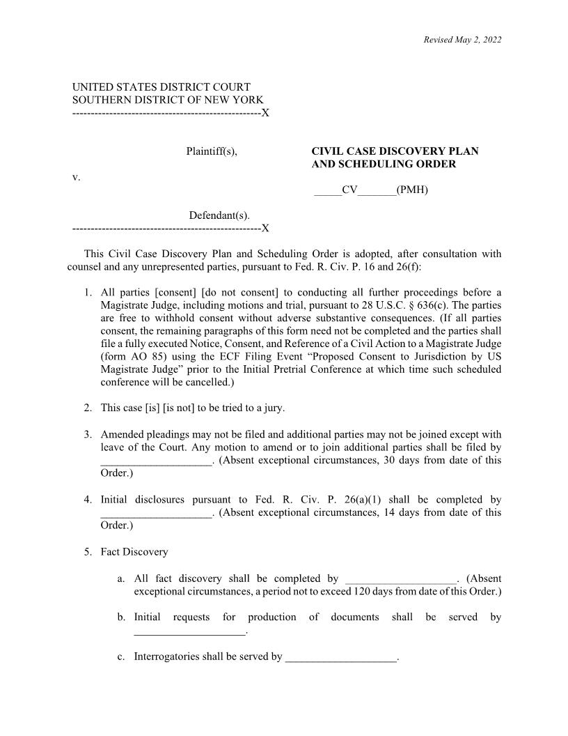 Civil Case Discovery Plan And Scheduling Order (Judge Halpern) {SDNY CCDPSOPMH} | Pdf Fpdf Docx | New York