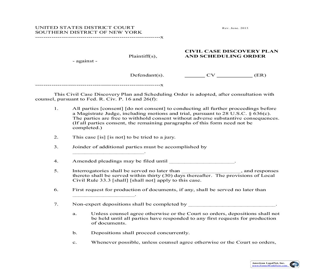 Civil Case Discovery Plan And Scheduling Order (Judge Ramos) | Pdf Fpdf Doc Docx | New York