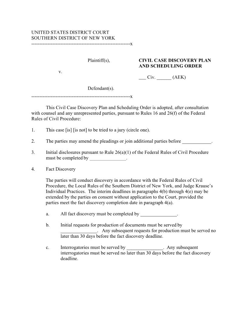 Civil Case Discovery Plan And Scheduling Order (Mag. Judge Krause) {SDNY CCDPSOAEK} | Pdf Fpdf Docx | New York