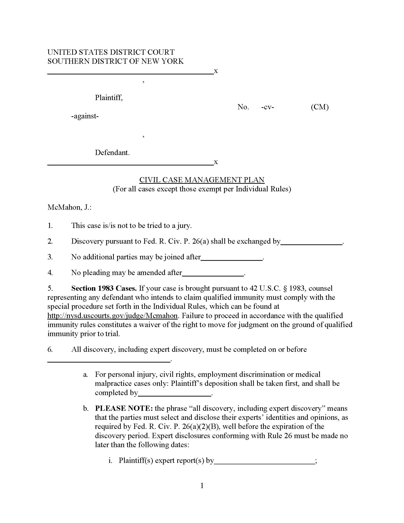 Civil Case Management Plan (Judge McMahon) {SDNY CCMP-CM} | Pdf Fpdf Doc Docx | New York