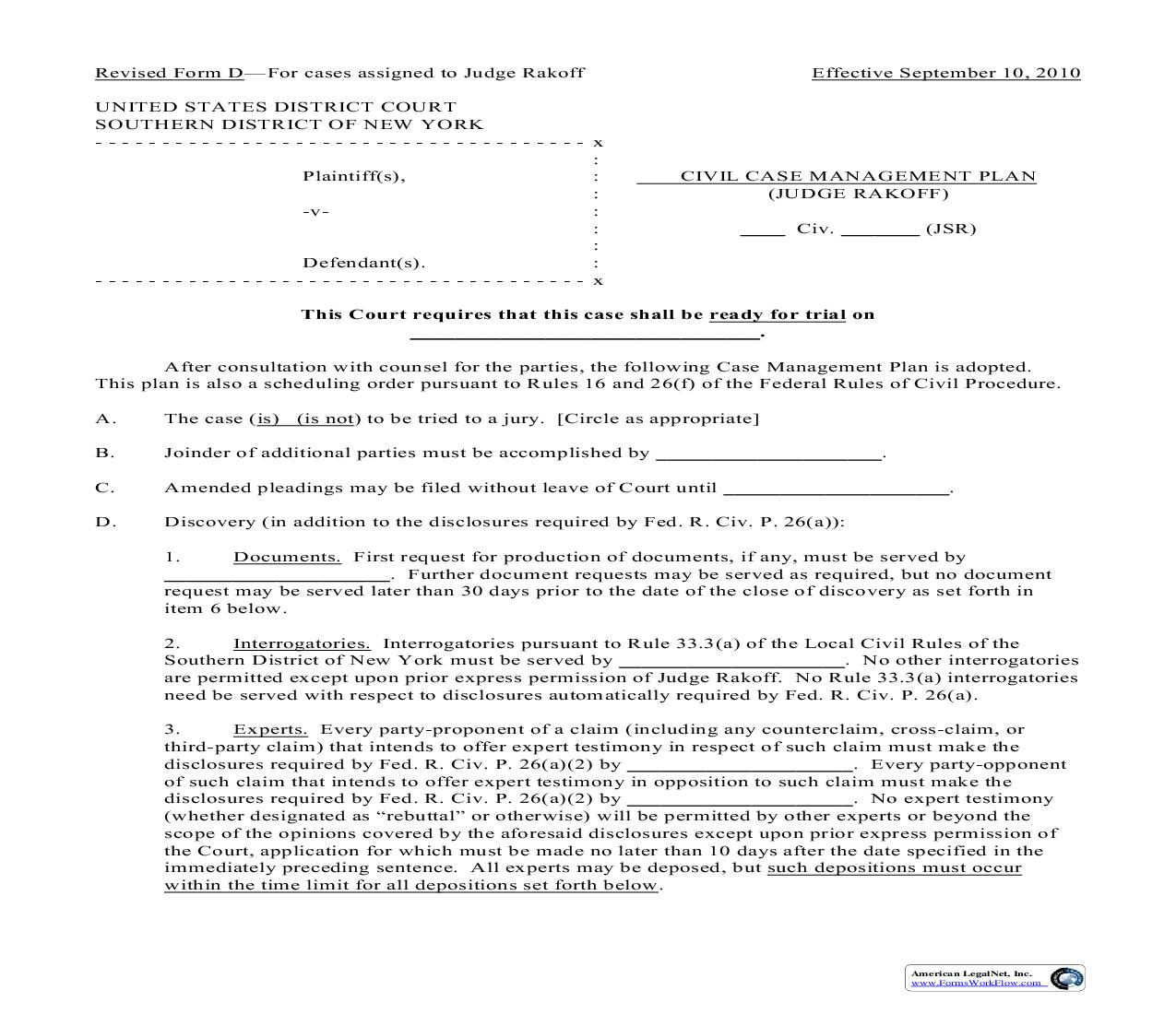 Civil Case Management Plan (Judge Rakoff) | Pdf Fpdf Doc Docx | New York
