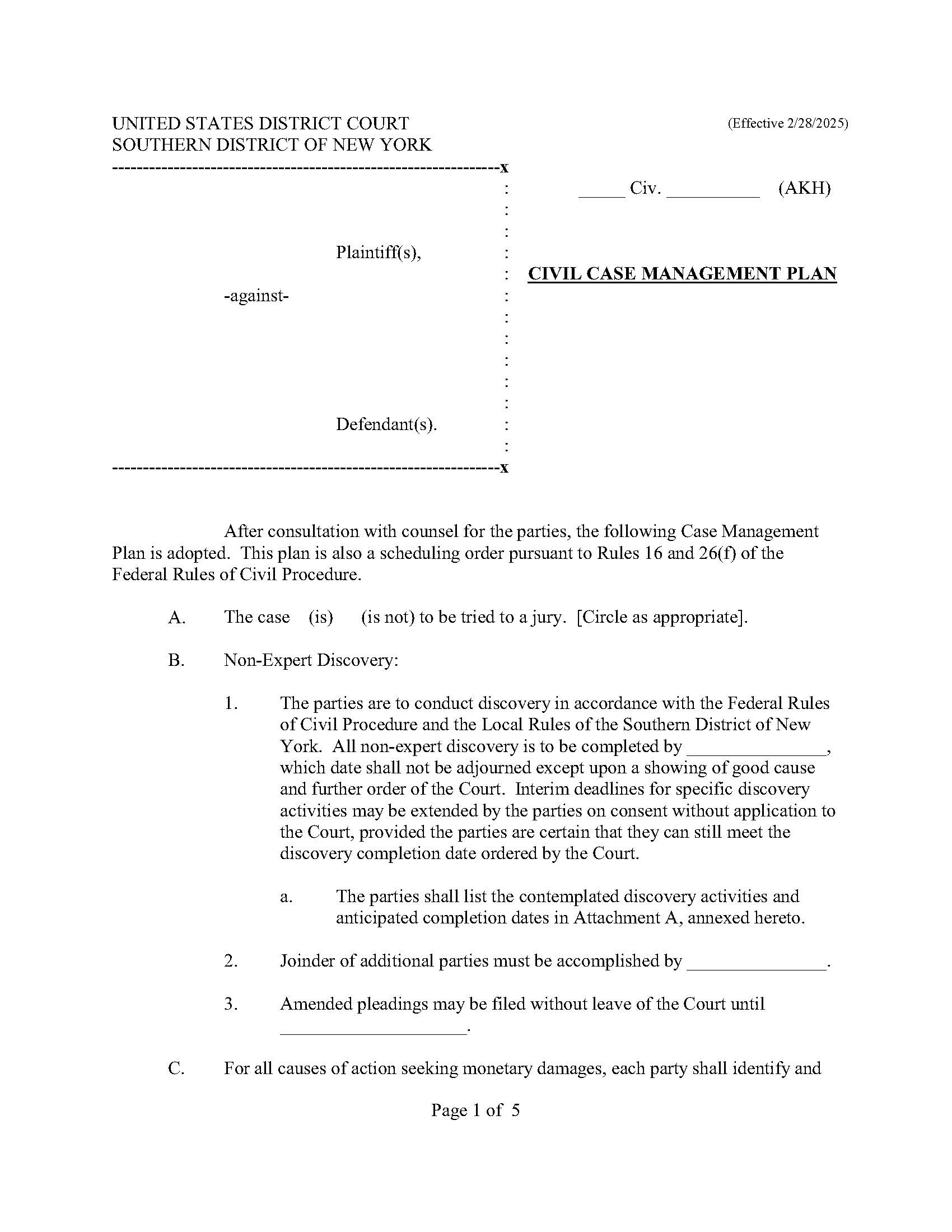 Civil Case Management Plan And Order Notice Of Collective Action (Judge Hellerstein) | Pdf Fpdf Docx | New York