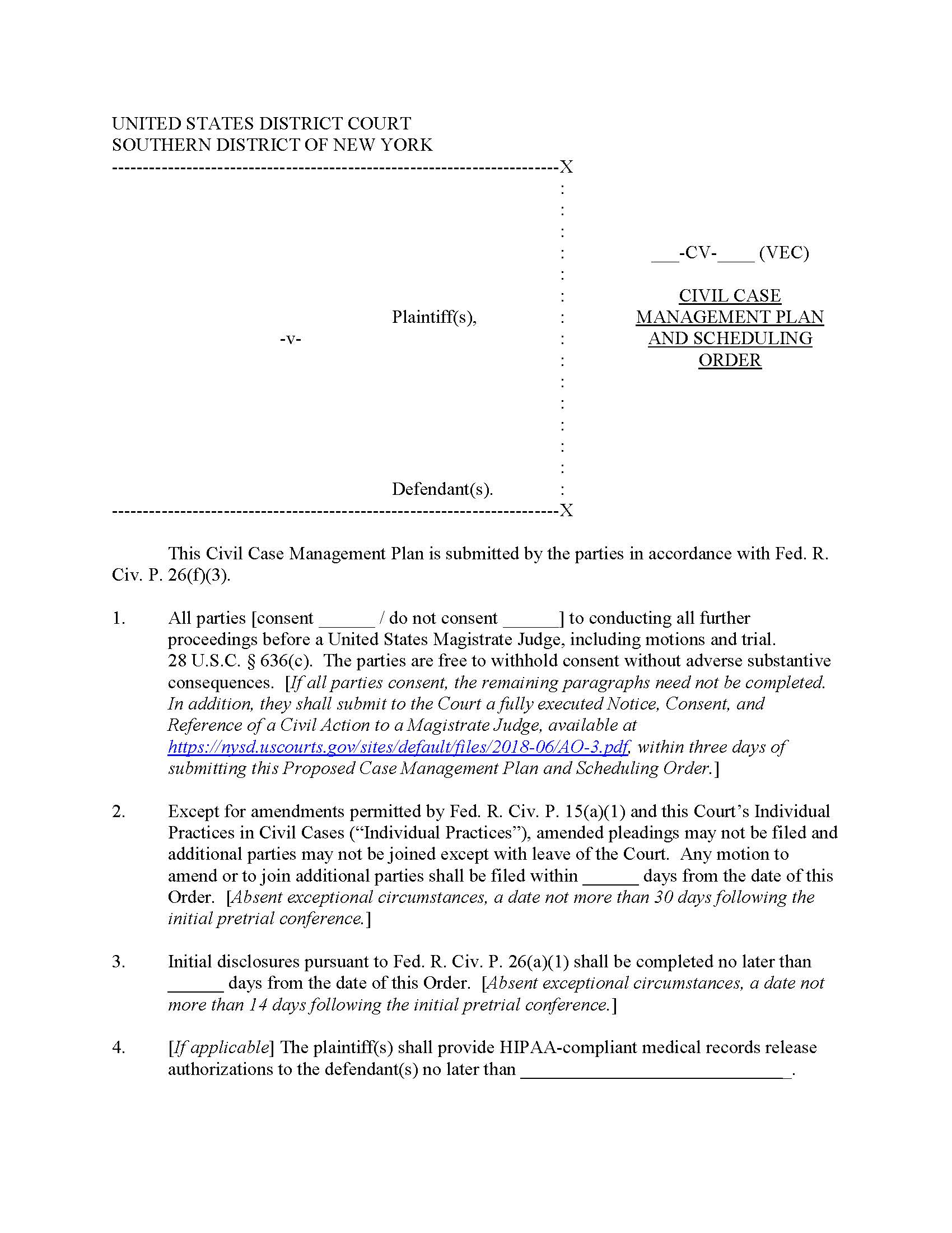 Civil Case Management Plan And Scheduling Order (Judge Caproni) {SDNY CCMPSO-VEC} | Pdf Fpdf Doc Docx | New York