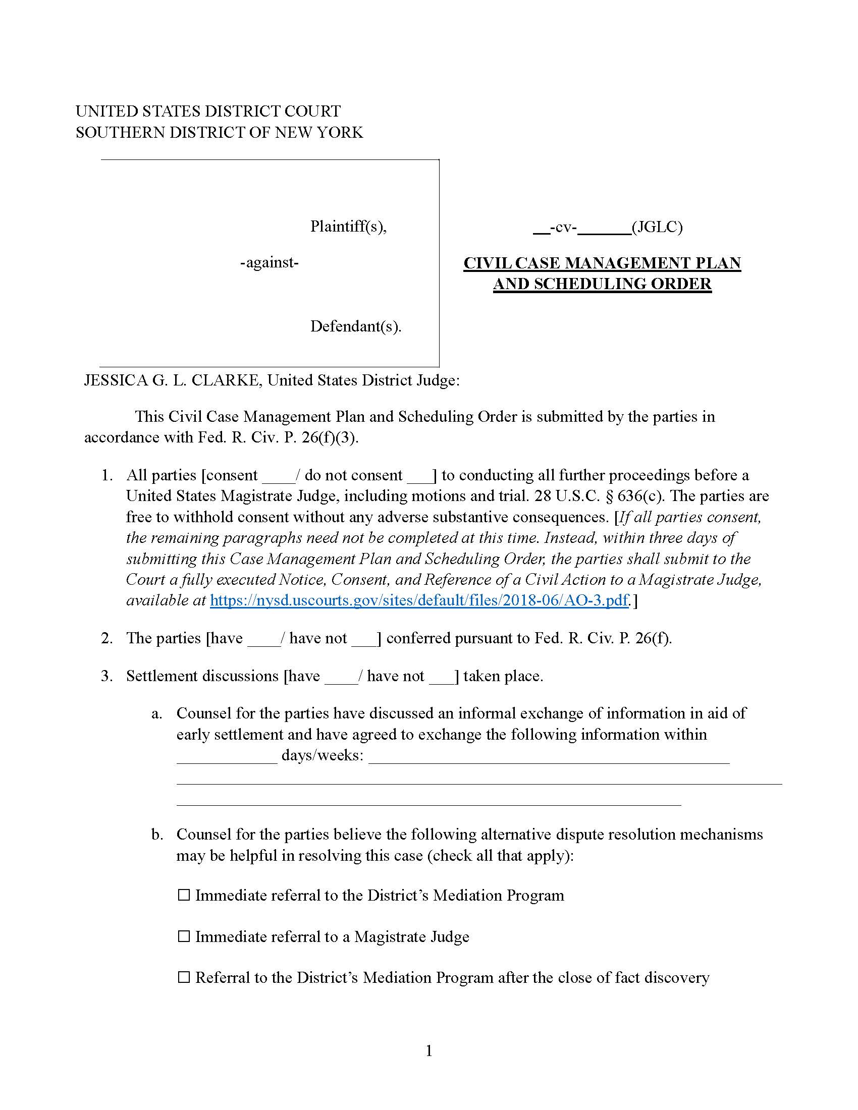 Civil Case Management Plan And Scheduling Order (Judge Clarke) | Pdf Fpdf Docx | New York
