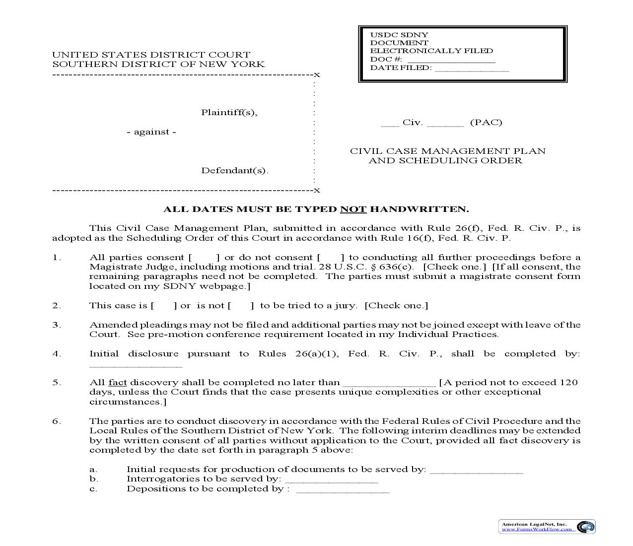 Civil Case Management Plan And Scheduling Order (Judge Crotty) | Pdf Fpdf Doc Docx | New York