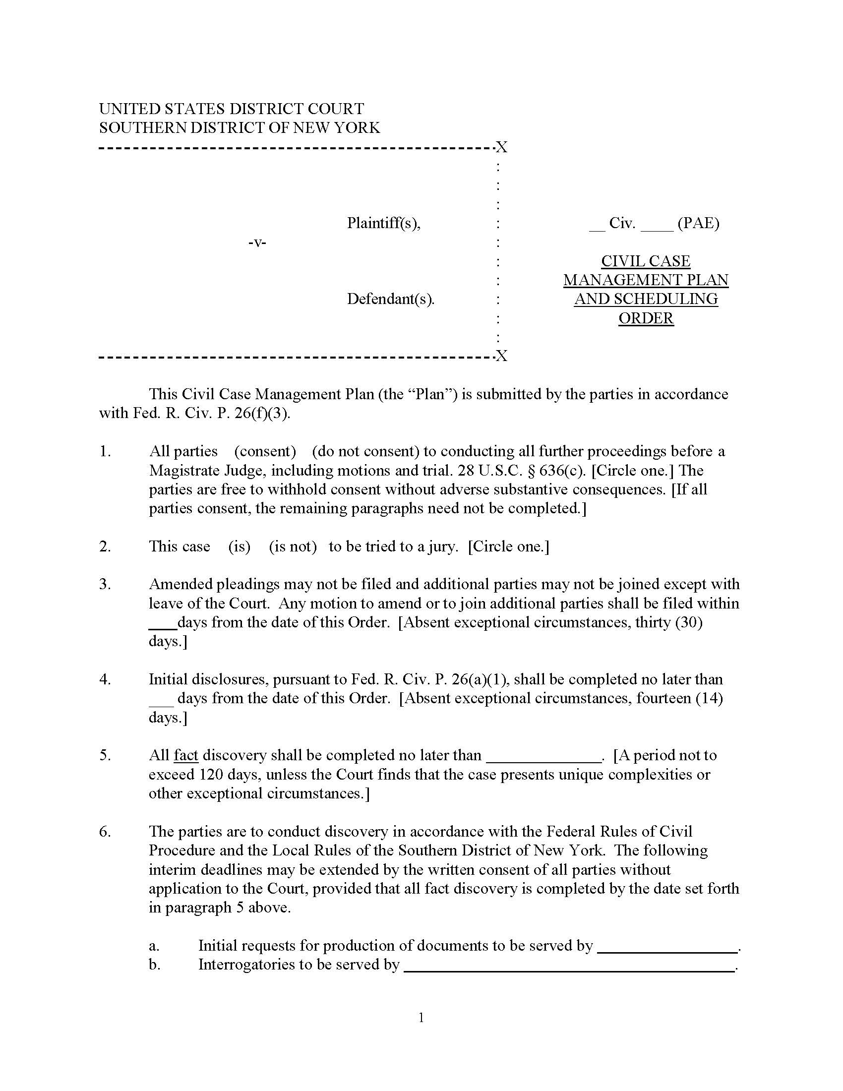 Civil Case Management Plan And Scheduling Order (Judge Engelmayer) {NYSD CCMPSO-PAE} | Pdf Fpdf Docx | New York