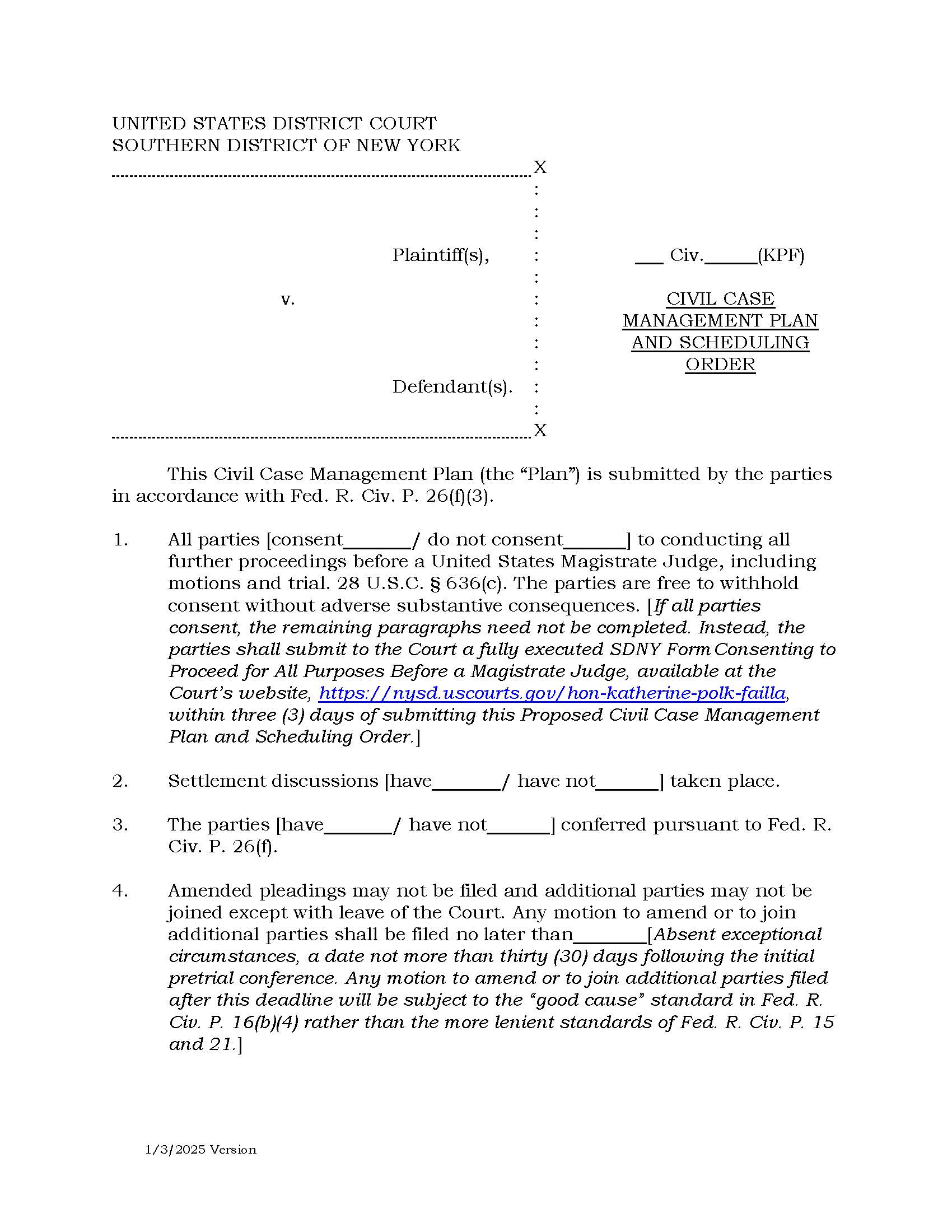Civil Case Management Plan And Scheduling Order (Judge Failla) {SDNY CCMPSO-KPF} | Pdf Fpdf Doc Docx | New York