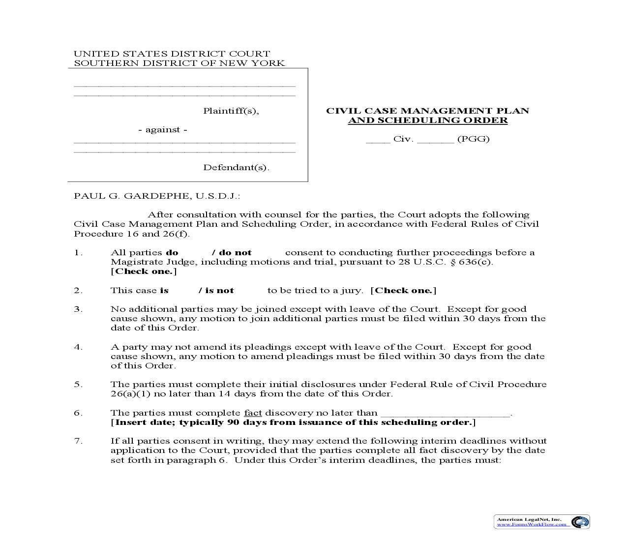 Civil Case Management Plan And Scheduling Order (Judge Gardephe) | Pdf Fpdf Doc Docx | New York