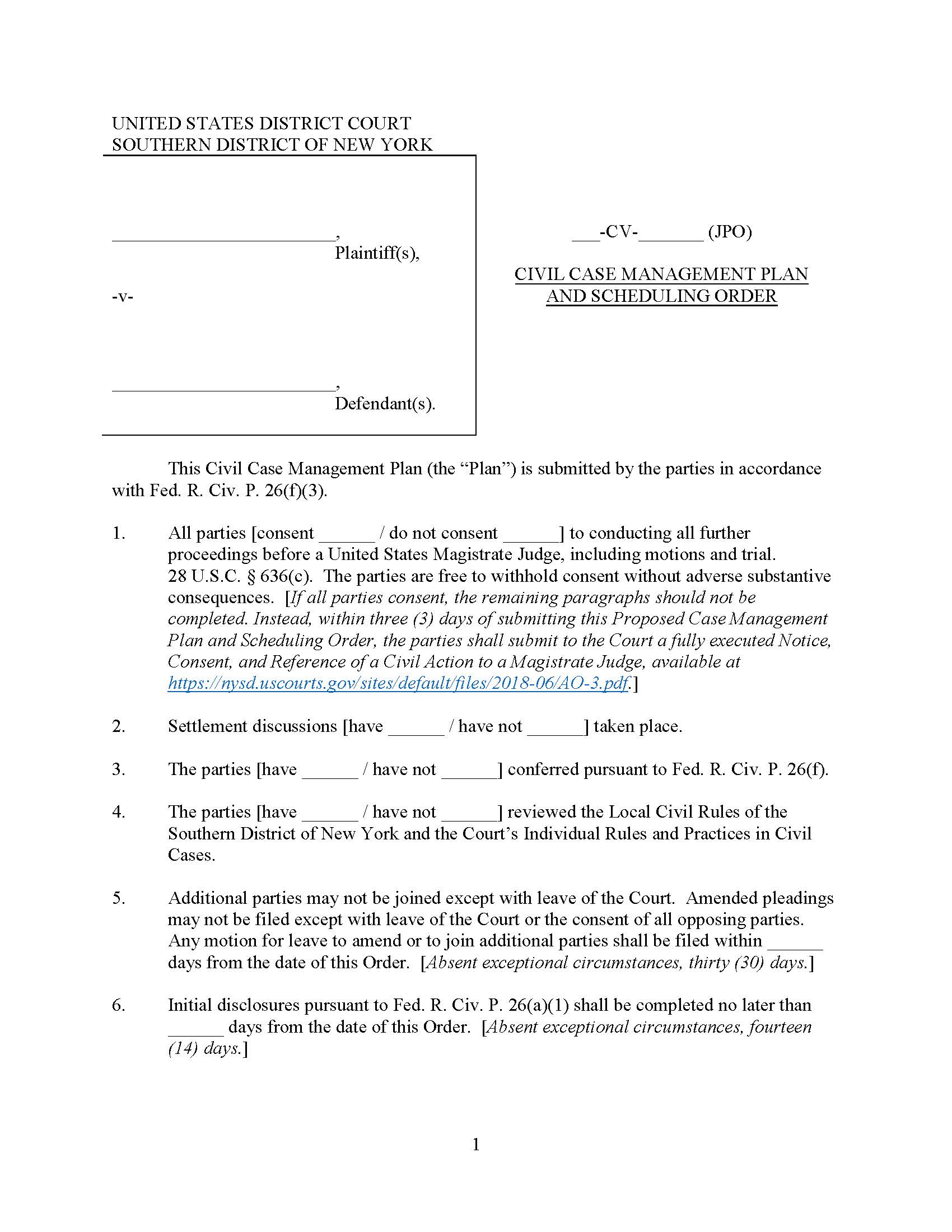 Civil Case Management Plan And Scheduling Order (Judge Oetken) | Pdf Fpdf Doc Docx | New York