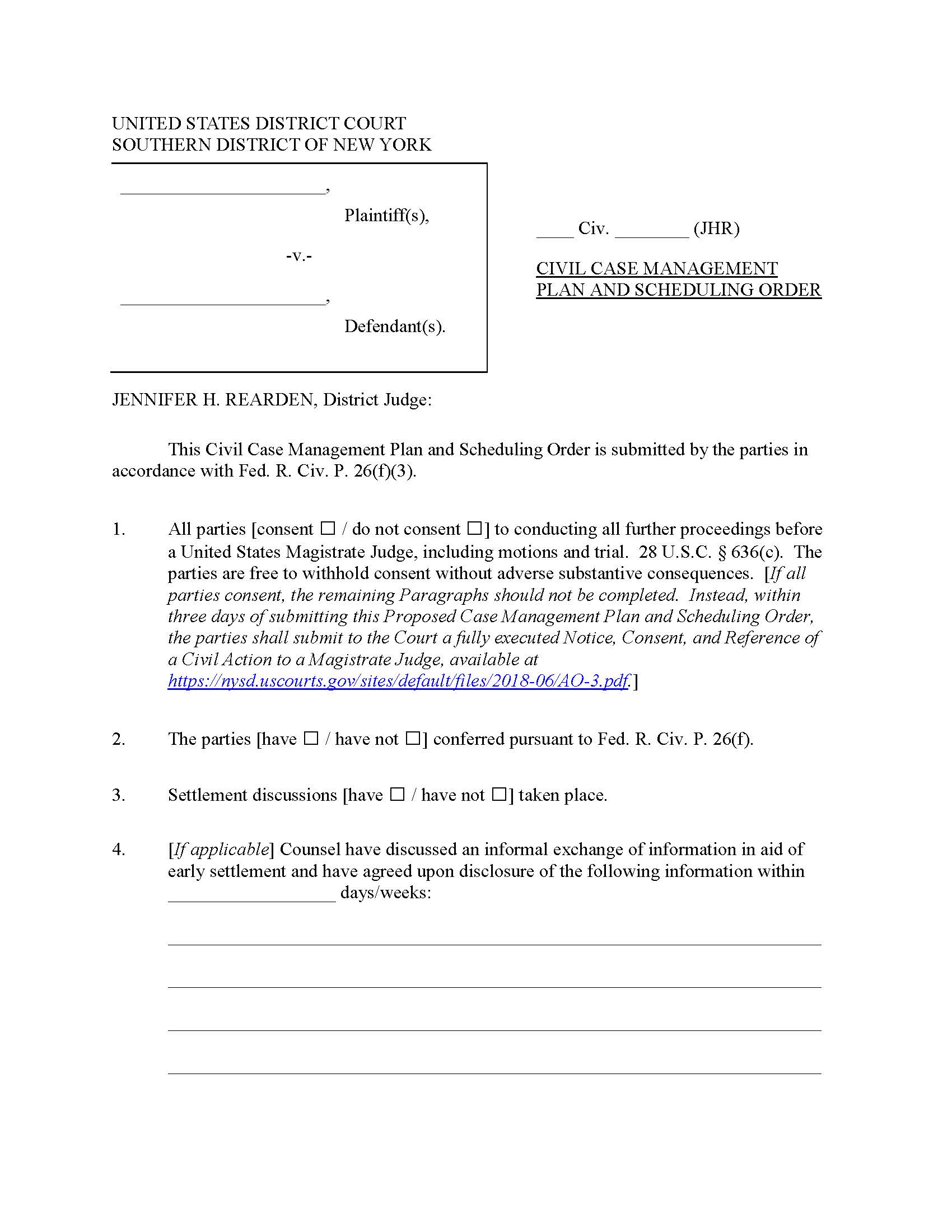 Civil Case Management Plan And Scheduling Order (Judge Rearden) | Pdf Fpdf Docx | New York