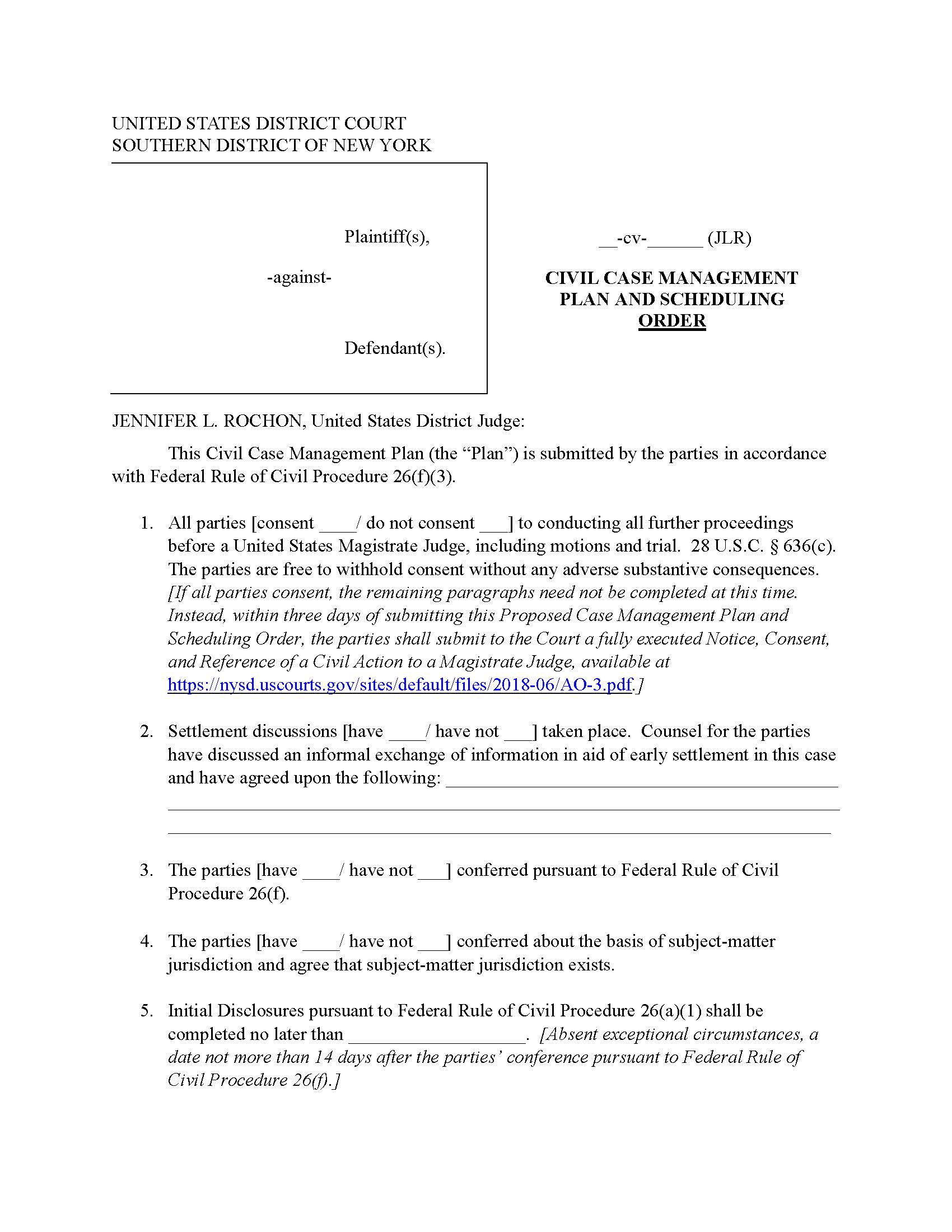 Civil Case Management Plan And Scheduling Order (Judge Rochon) | Pdf Fpdf Docx | New York
