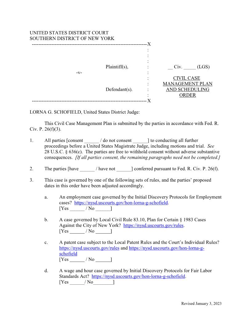 Civil Case Management Plan And Scheduling Order (Judge Schofield) {CCMPSOLGS} | Pdf Fpdf Doc Docx | New York