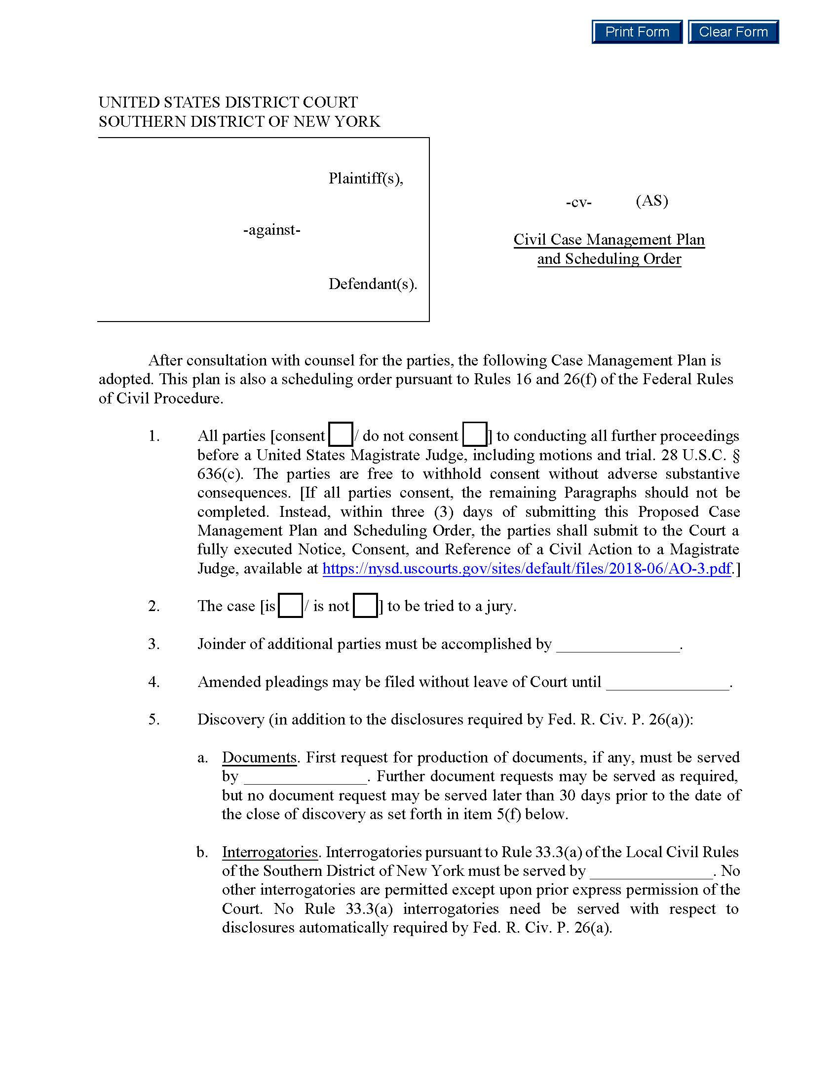 Civil Case Management Plan And Scheduling Order (Judge Subramanian) | Pdf Fpdf Docx | New York