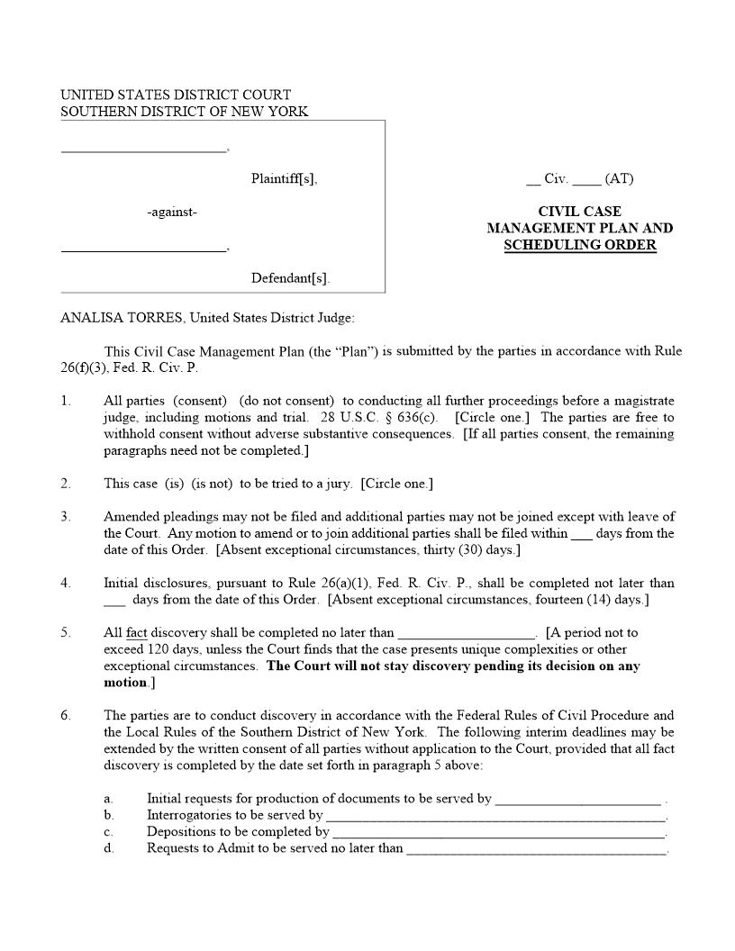 Civil Case Management Plan And Scheduling Order (Judge Torres) {SDNY CCMPSOAT} | Pdf Fpdf Docx | New York